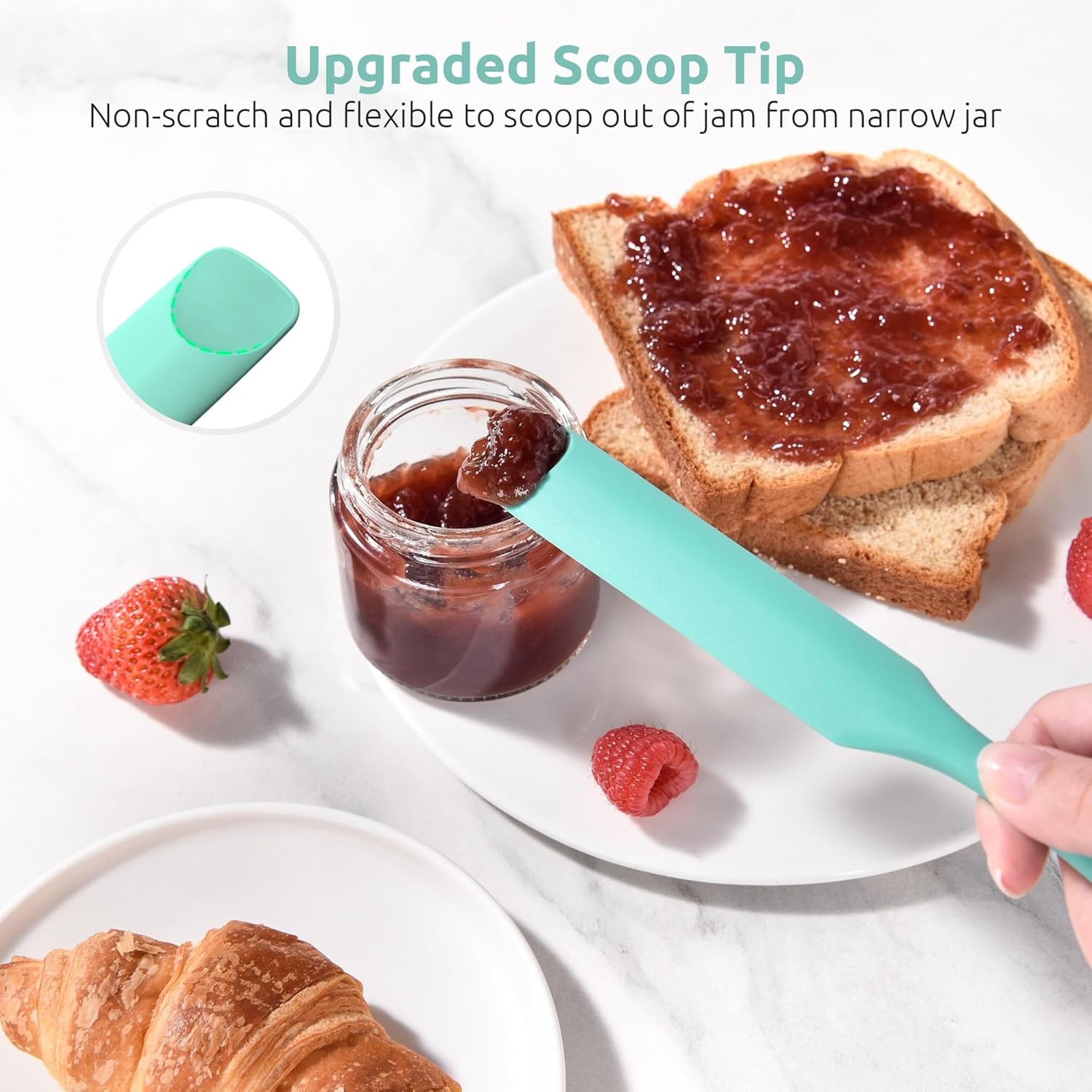 600ºF Heat-Resistant Food-Grade 10in Skinny Silicone Jar Spatula with Spoon Tip Aqua Sky and 10in Kitchen Cooking Tweezer: 18/8 Stainless Steel Food-Grade Metal Food Tong Round Tip