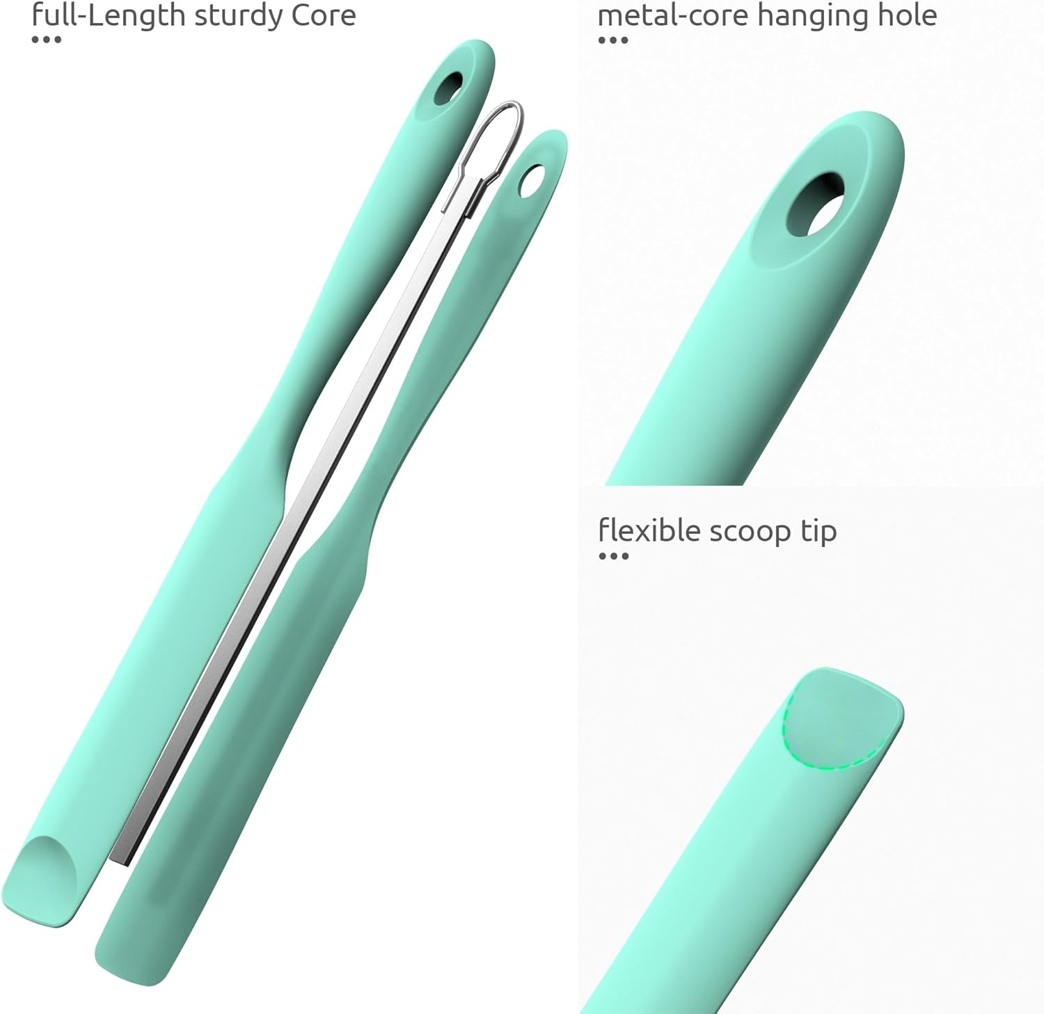 600ºF Heat-Resistant Food-Grade 10in Skinny Silicone Jar Spatula with Spoon Tip Aqua Sky and 10in Kitchen Cooking Tweezer: 18/8 Stainless Steel Food-Grade Metal Food Tong Round Tip