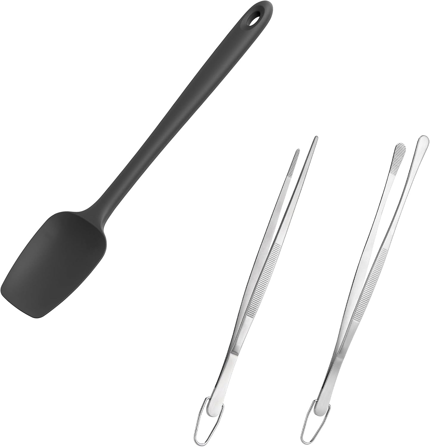600ºF High Heat Flexible 14in Extra Large Silicone Spoon Spatula Black and 12" Kitchen Cooking Tweezer Set: 18/8 Stainless Steel Food-Grade Metal Food Tong Round & Pointed Tip