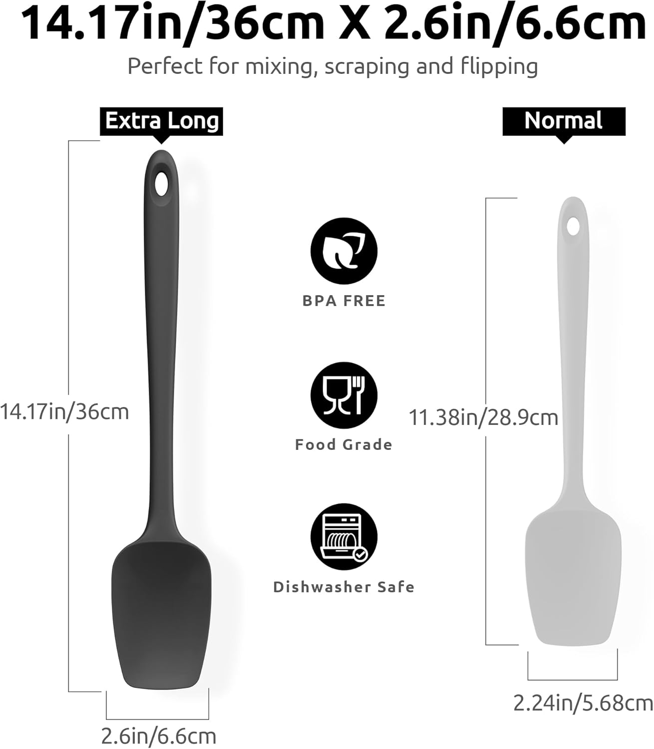 600ºF High Heat Flexible 14in Extra Large Silicone Spoon Spatula Black and 12" Kitchen Cooking Tweezer Set: 18/8 Stainless Steel Food-Grade Metal Food Tong Round & Pointed Tip
