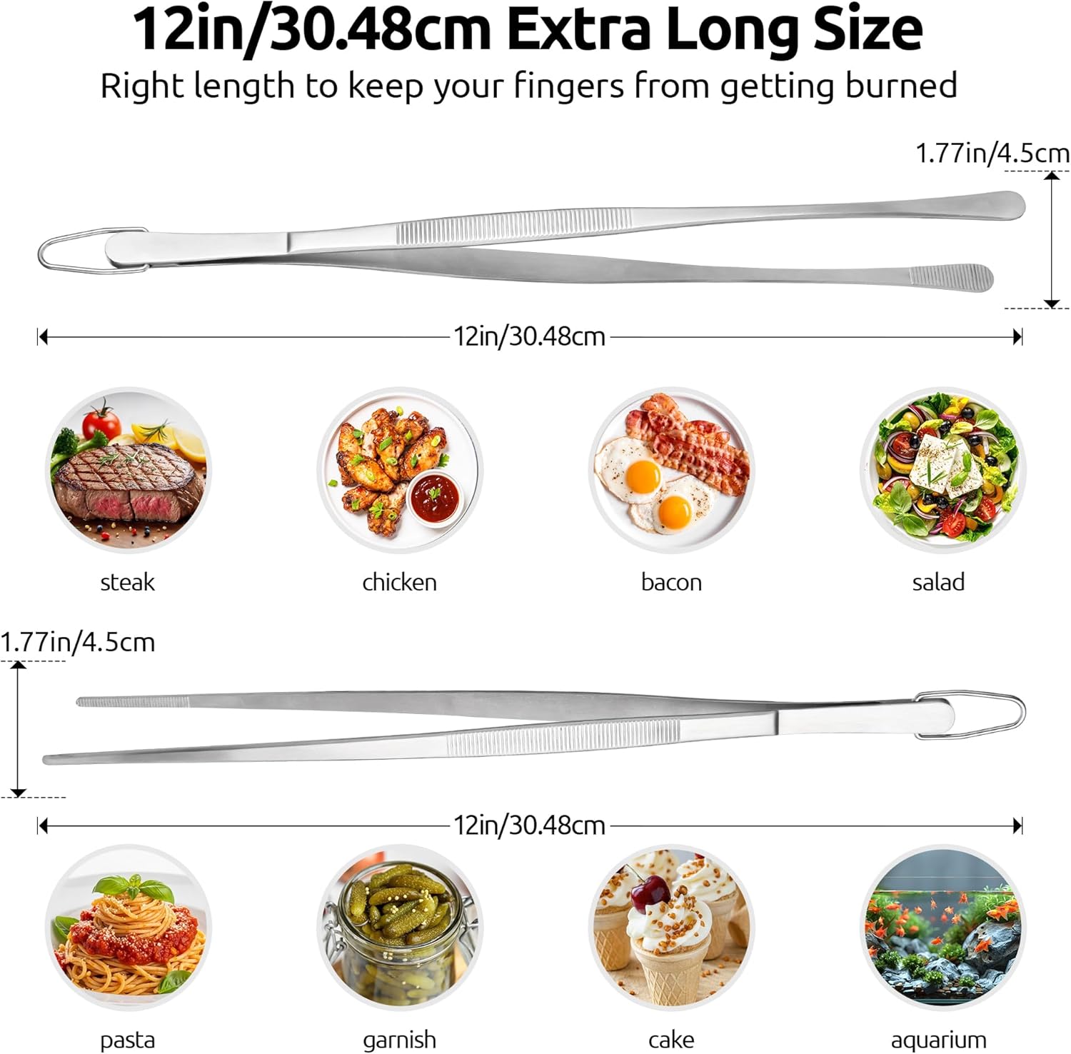 600ºF High Heat Flexible 14in Extra Large Silicone Spoon Spatula Black and 12" Kitchen Cooking Tweezer Set: 18/8 Stainless Steel Food-Grade Metal Food Tong Round & Pointed Tip