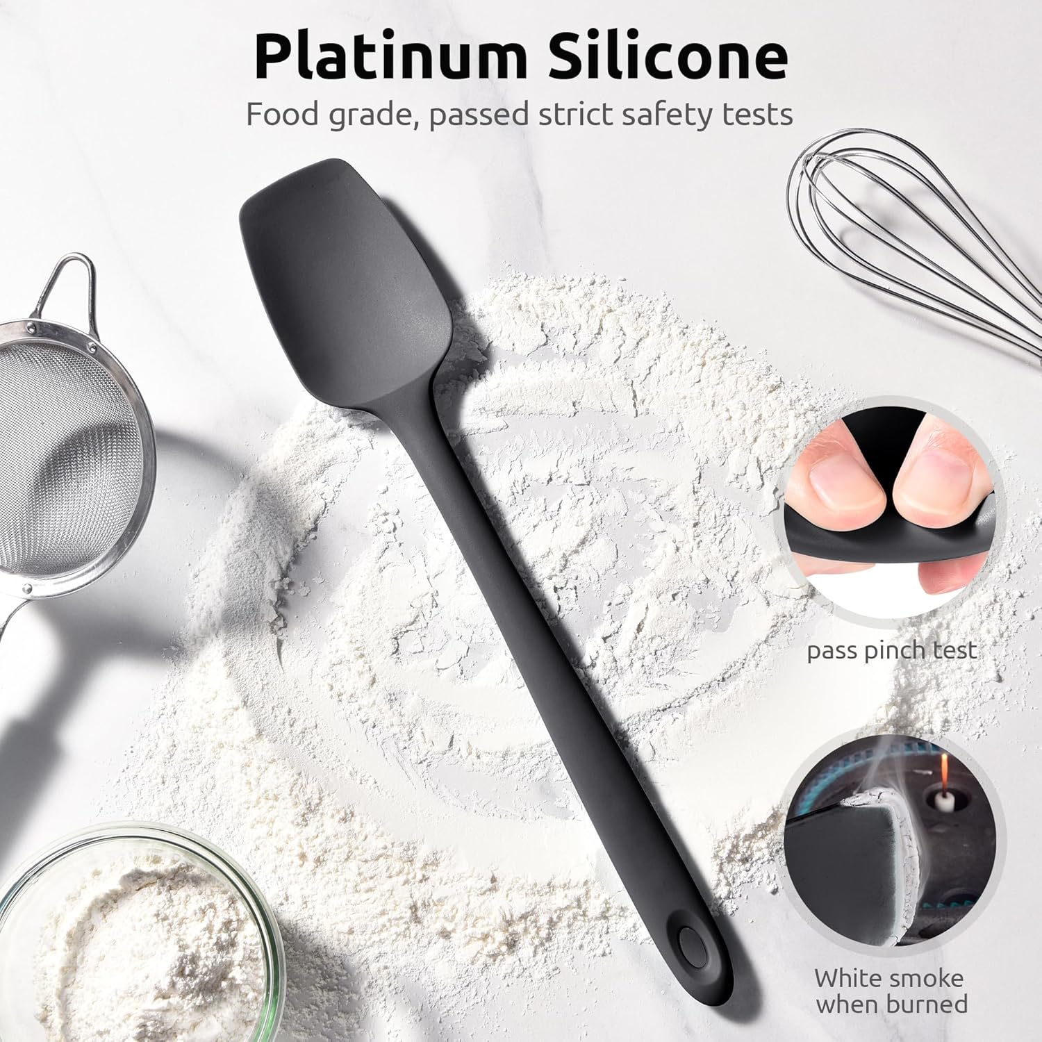 600ºF High Heat Flexible 14in Extra Large Silicone Spoon Spatula Black and 12" Kitchen Cooking Tweezer Set: 18/8 Stainless Steel Food-Grade Metal Food Tong Round & Pointed Tip