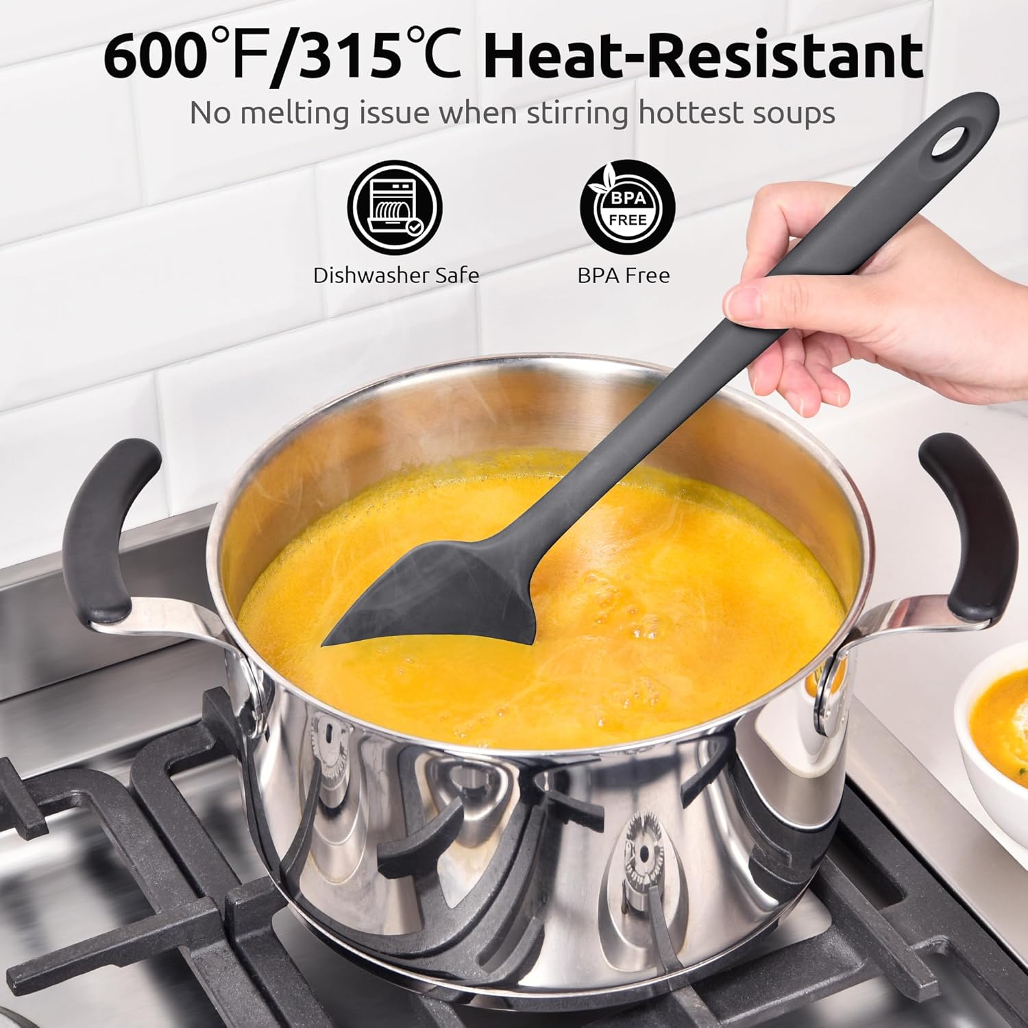600ºF High Heat Flexible 14in Extra Large Silicone Spoon Spatula Black and 12" Kitchen Cooking Tweezer Set: 18/8 Stainless Steel Food-Grade Metal Food Tong Round & Pointed Tip