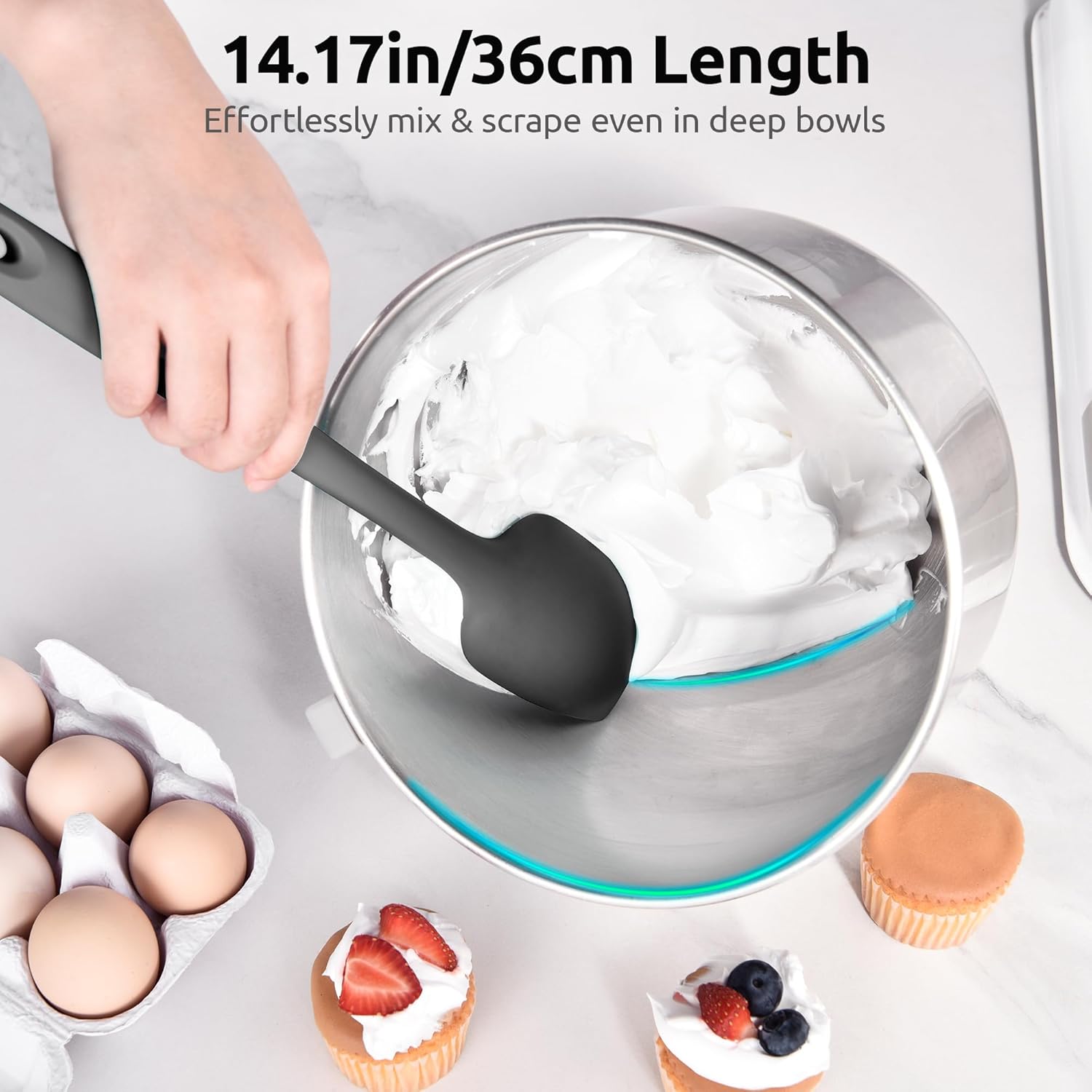 600ºF High Heat Flexible 14in Extra Large Silicone Spoon Spatula Black and 12" Kitchen Cooking Tweezer Set: 18/8 Stainless Steel Food-Grade Metal Food Tong Round & Pointed Tip