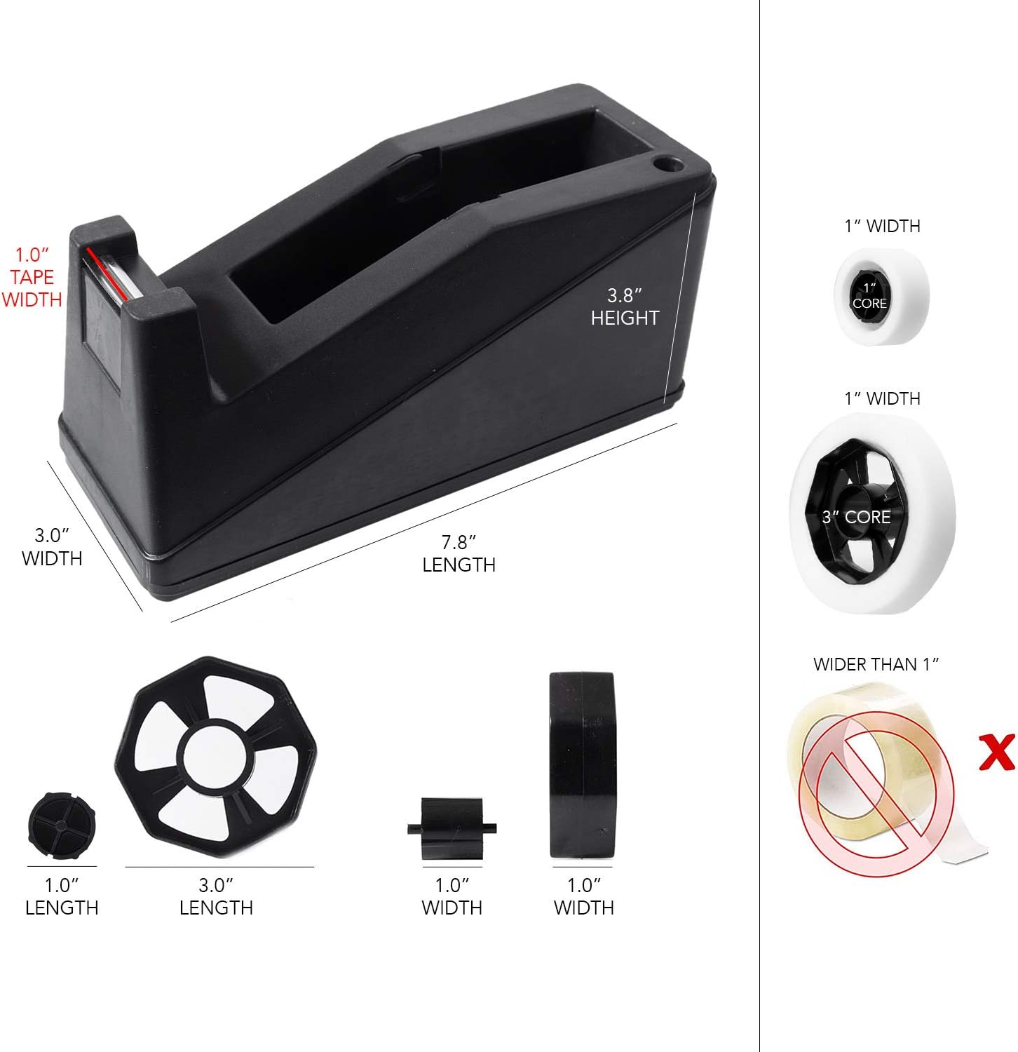 Desktop Tape Dispenser Adhesive Roll Holder Fits 1" & 3" Core Heavy Duty Premium for Office, Home, School, Library, Crafts, Moving, Giftwrapping with Weighted Nonskid Base, Black