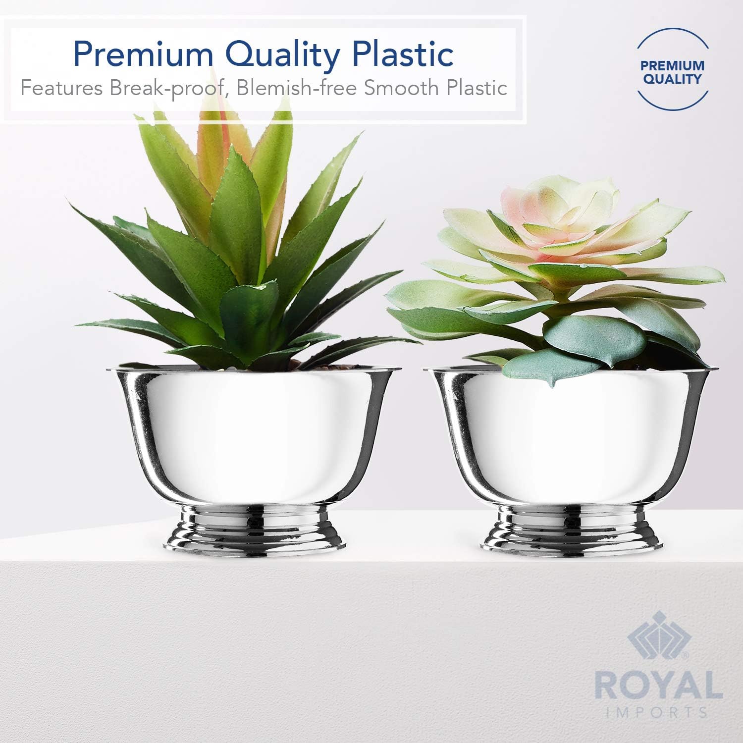 8" Decorative Plastic Planter Pedestal Bowl- Flower Pot Cover, Footed Succulent Dish for Wedding, Party, Garden, Home and Holiday Decor, Silver, 2 Pack