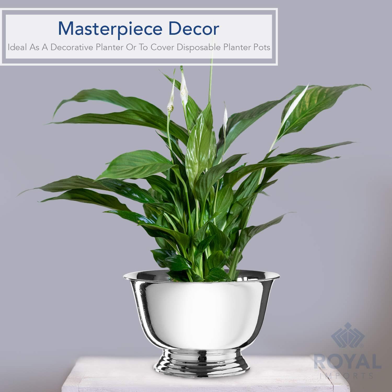 8" Decorative Plastic Planter Pedestal Bowl- Flower Pot Cover, Footed Succulent Dish for Wedding, Party, Garden, Home and Holiday Decor, Silver, 2 Pack
