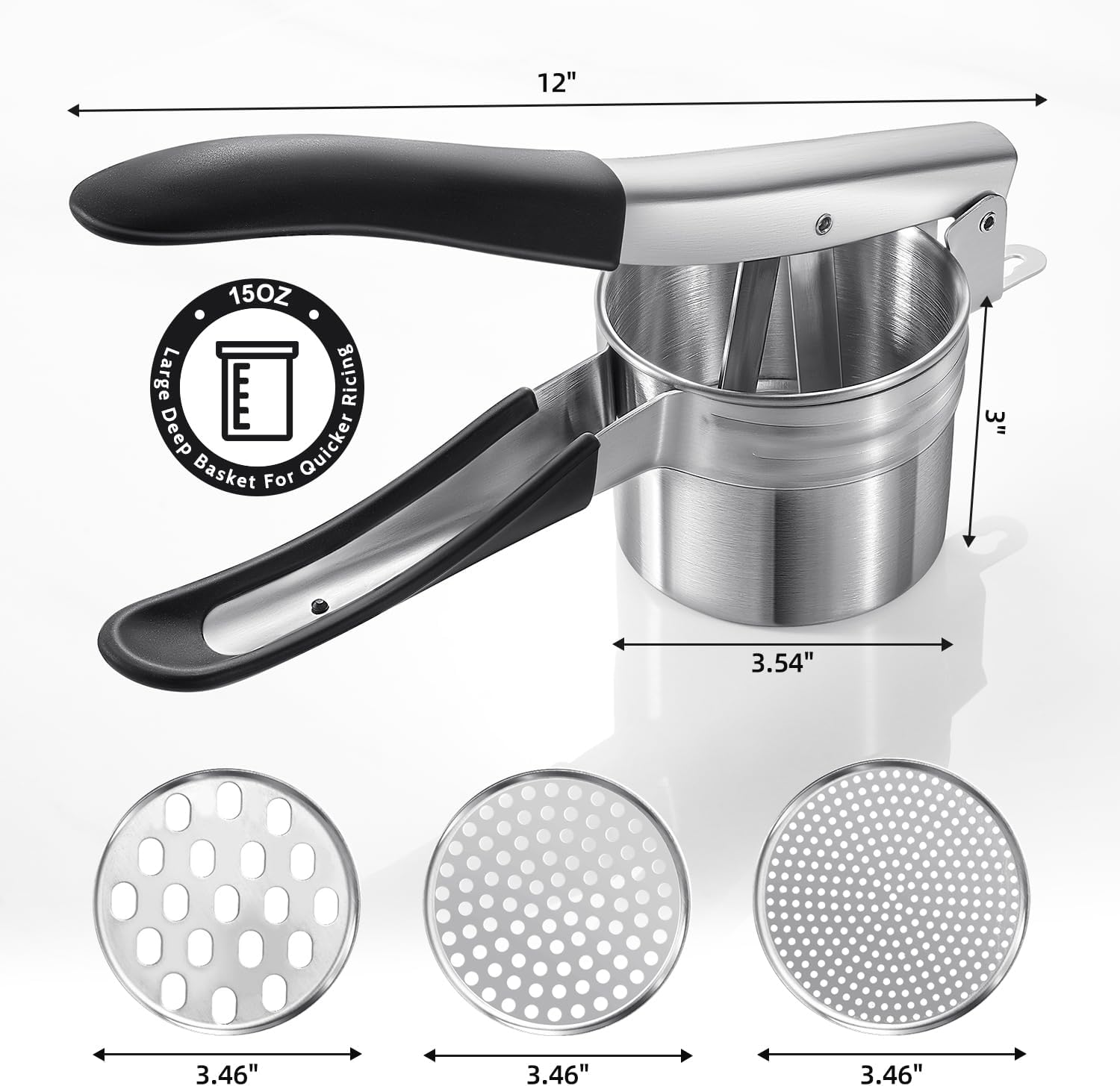 Potato Ricer, Upgraded Stainless Steel Potato Masher with 3 Interchangeable Discs, Heavy Duty Kitchen Tool Gadget