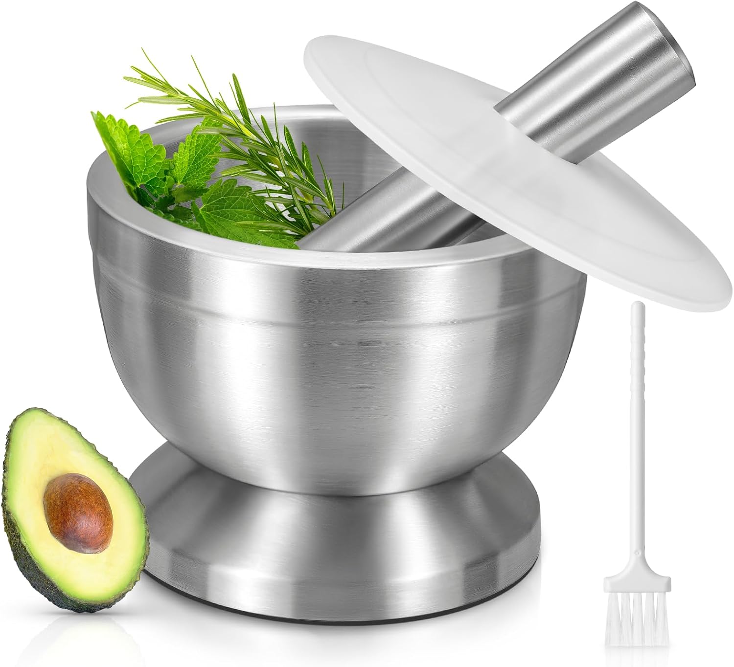 Mortar and Pestle, 18/8 Stainless Steel Spice Grinder Pill Crusher with Lid for Crushing Grinding Ergonomic Design with Anti Slip Base and Comfy Grip