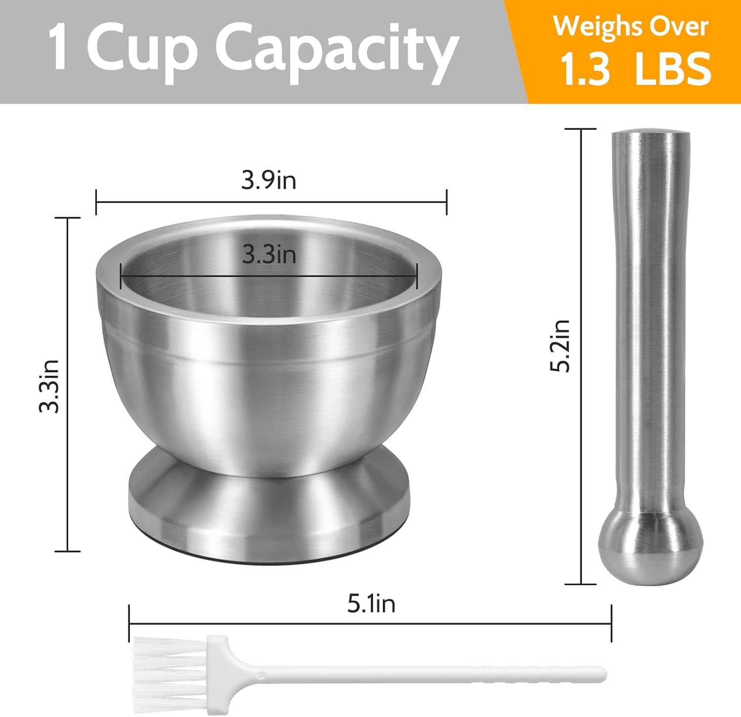 Mortar and Pestle, 18/8 Stainless Steel Spice Grinder Pill Crusher with Lid for Crushing Grinding Ergonomic Design with Anti Slip Base and Comfy Grip