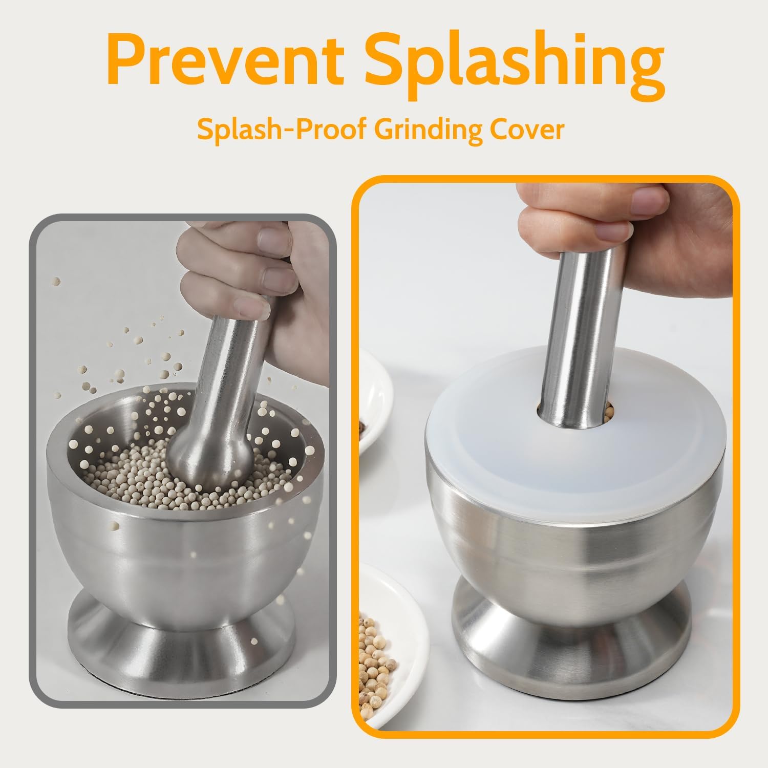 Mortar and Pestle, 18/8 Stainless Steel Spice Grinder Pill Crusher with Lid for Crushing Grinding Ergonomic Design with Anti Slip Base and Comfy Grip