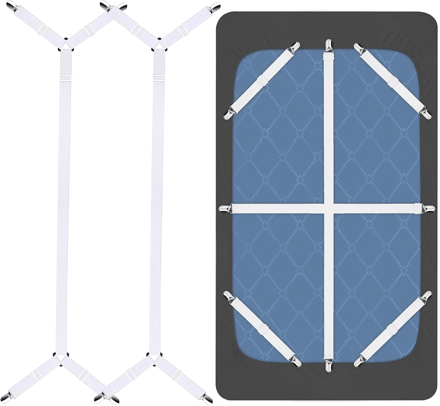 8+2 Pieces Bed Sheet Holder Straps Bed Sheet Fasteners Suspenders Holder Straps Adjustable Crisscross Elastic Band Fitted Sheets Corner Straps Grippers Clip, White