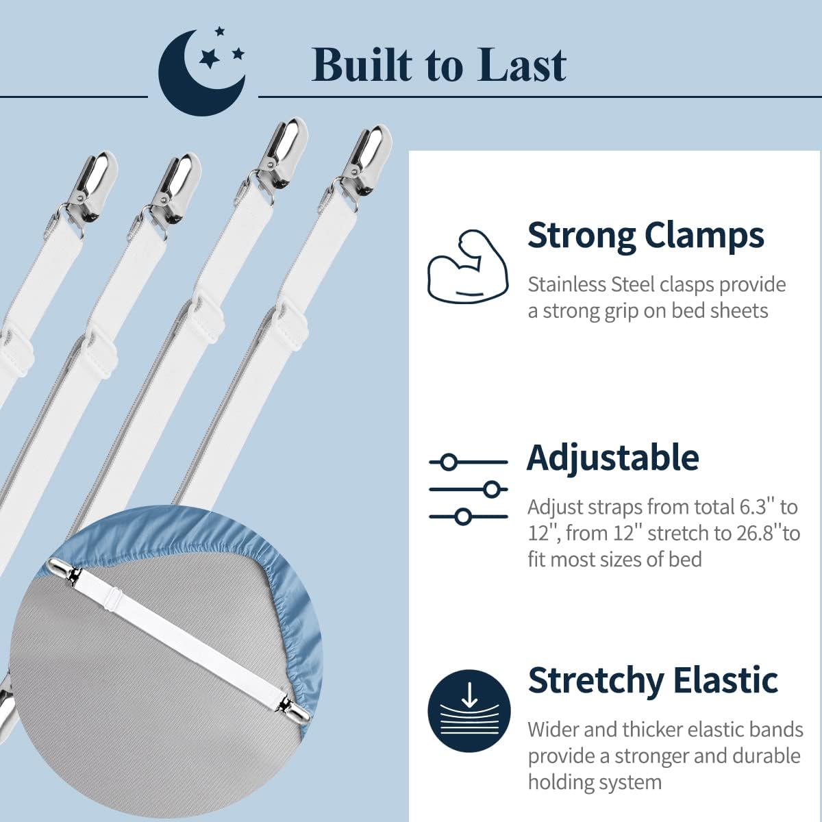 Bed Sheet Straps, 8+2 Pieces Heavy Duty Elastic Sheet Holders Suspenders of Mattresses, Short+ Long, White & Black