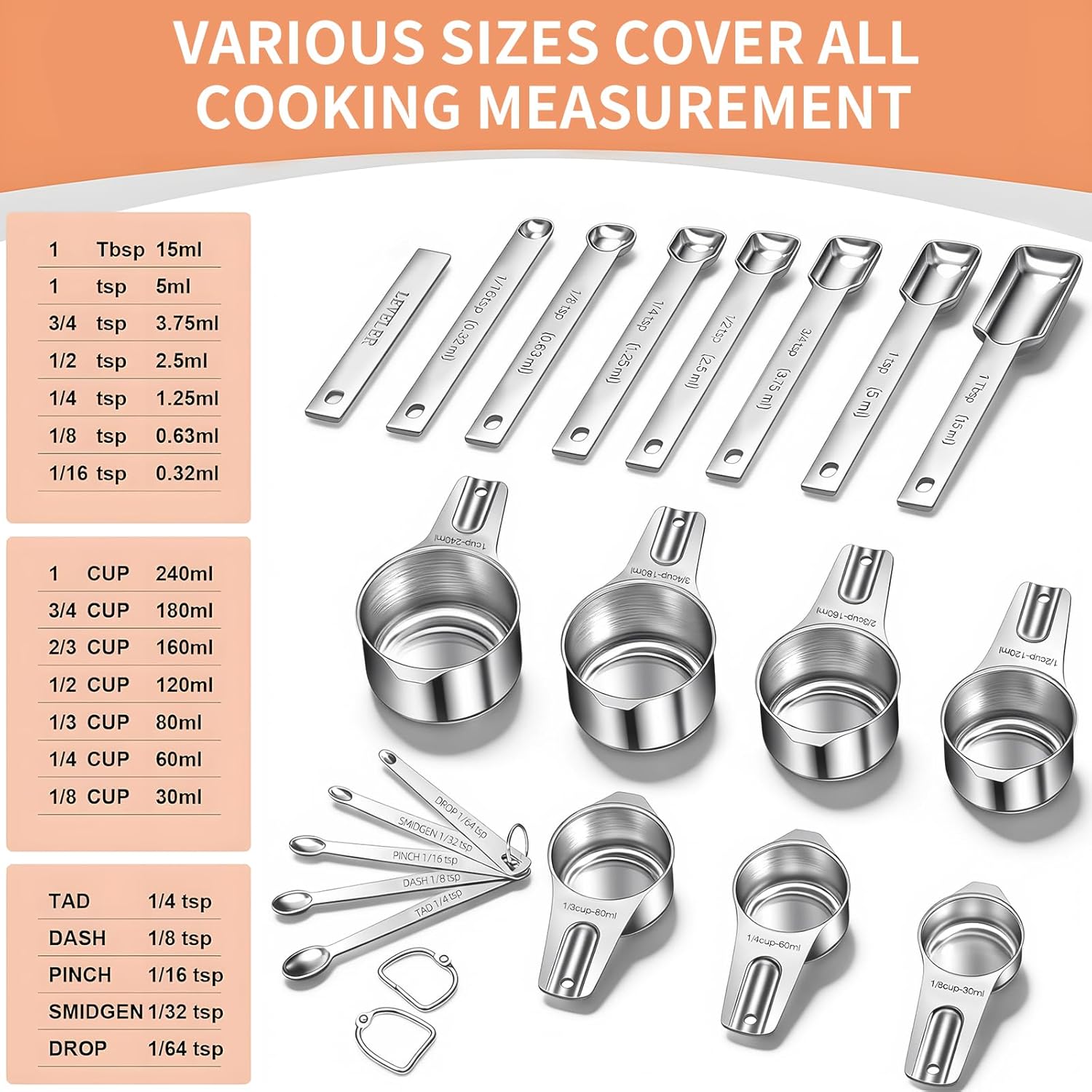 Measuring Cups and Spoons Set, 7 Stainless Steel Nesting Measuring Cups & 7 Spoons, 5 Mini Measuring Spoons &1 Leveler, Kitchen Gadgets for Cooking & Baking, Square