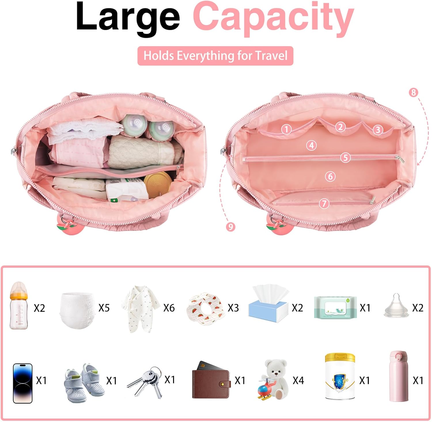 Diaper Bag Tote, Baby Diaper Tote Bags Crossbody Hospital Bag Travel Large Mommy Bag, with Silicone Pacifier Case