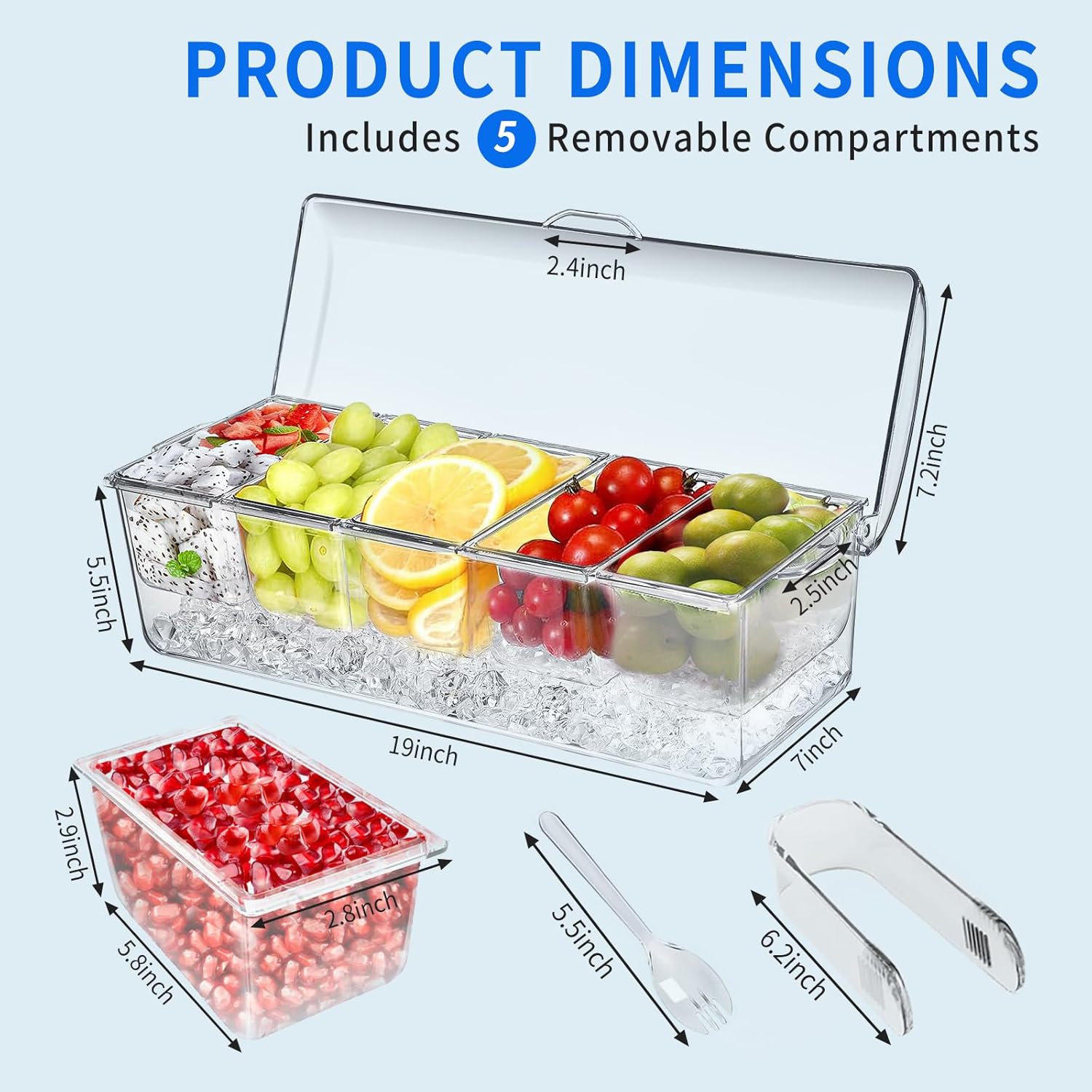 Large Ice Chilled Condiment Caddy，Chilled Condiment Containers Server with Lids for 5 Removable Compartments 2.5 cup ，Serving Platters, Fruit & Garnish Tray for Party Supplies & Bar Accessories