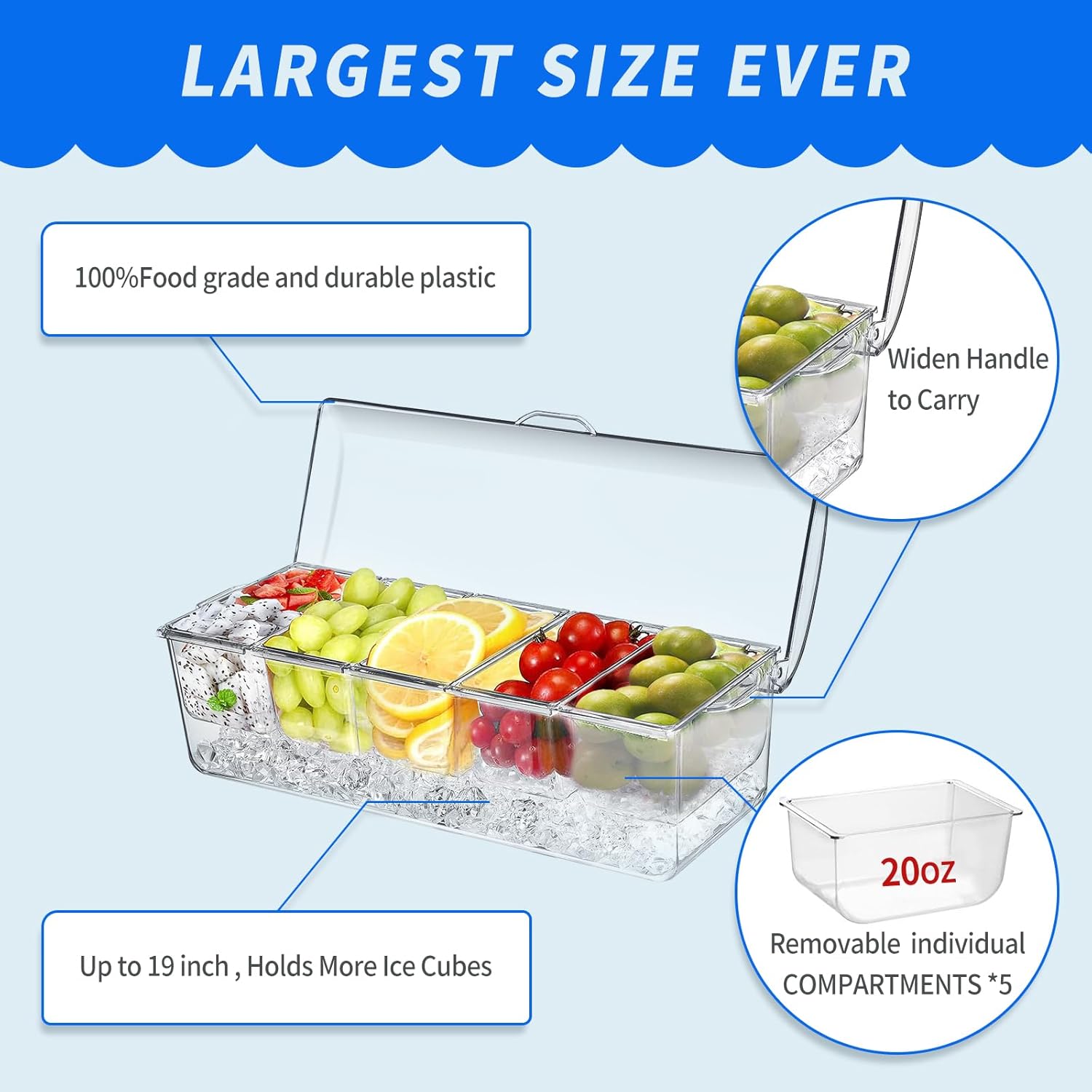 Large Ice Chilled Condiment Caddy，Chilled Condiment Containers Server with Lids for 5 Removable Compartments 2.5 cup ，Serving Platters, Fruit & Garnish Tray for Party Supplies & Bar Accessories