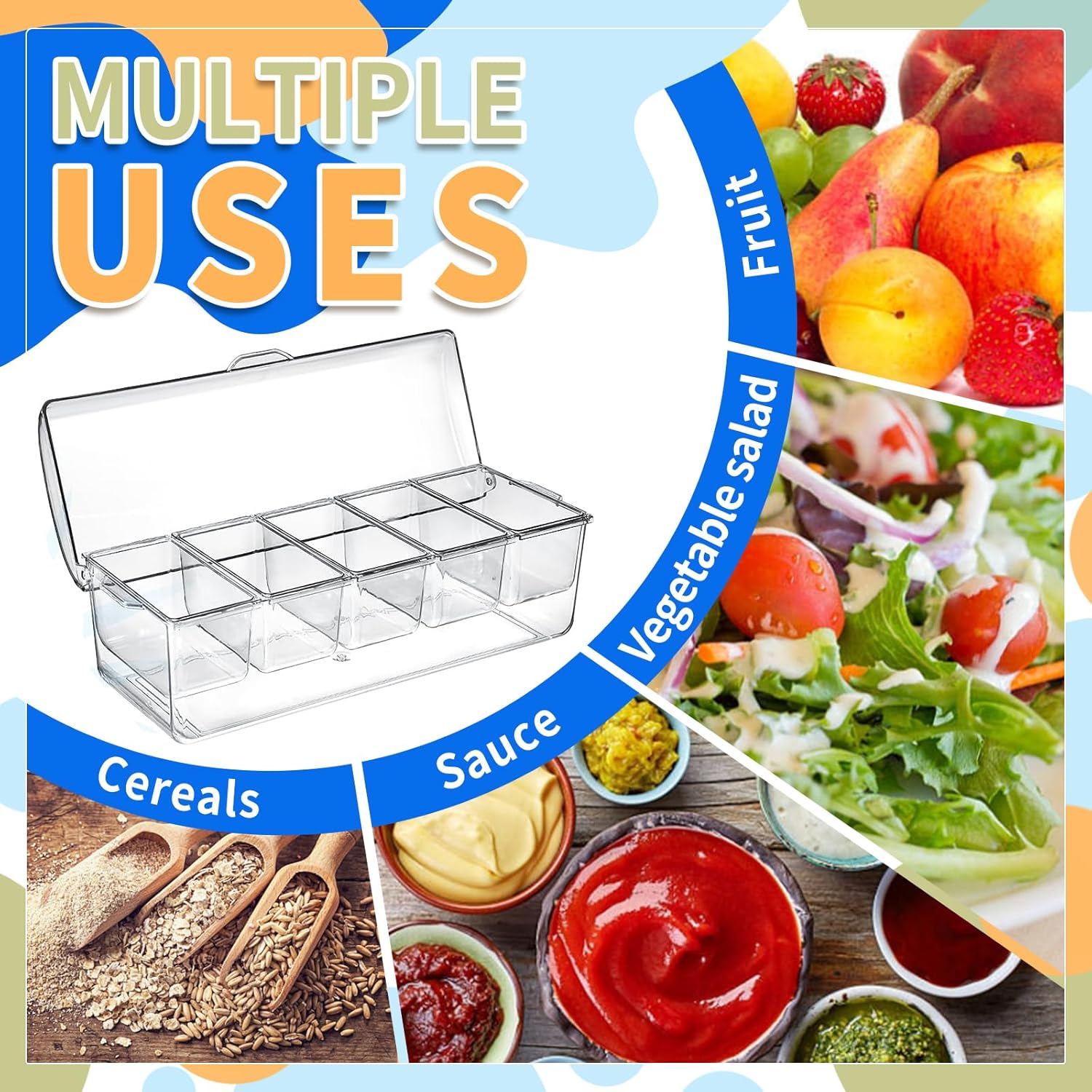 Large Ice Chilled Condiment Caddy，Chilled Condiment Containers Server with Lids for 5 Removable Compartments 2.5 cup ，Serving Platters, Fruit & Garnish Tray for Party Supplies & Bar Accessories