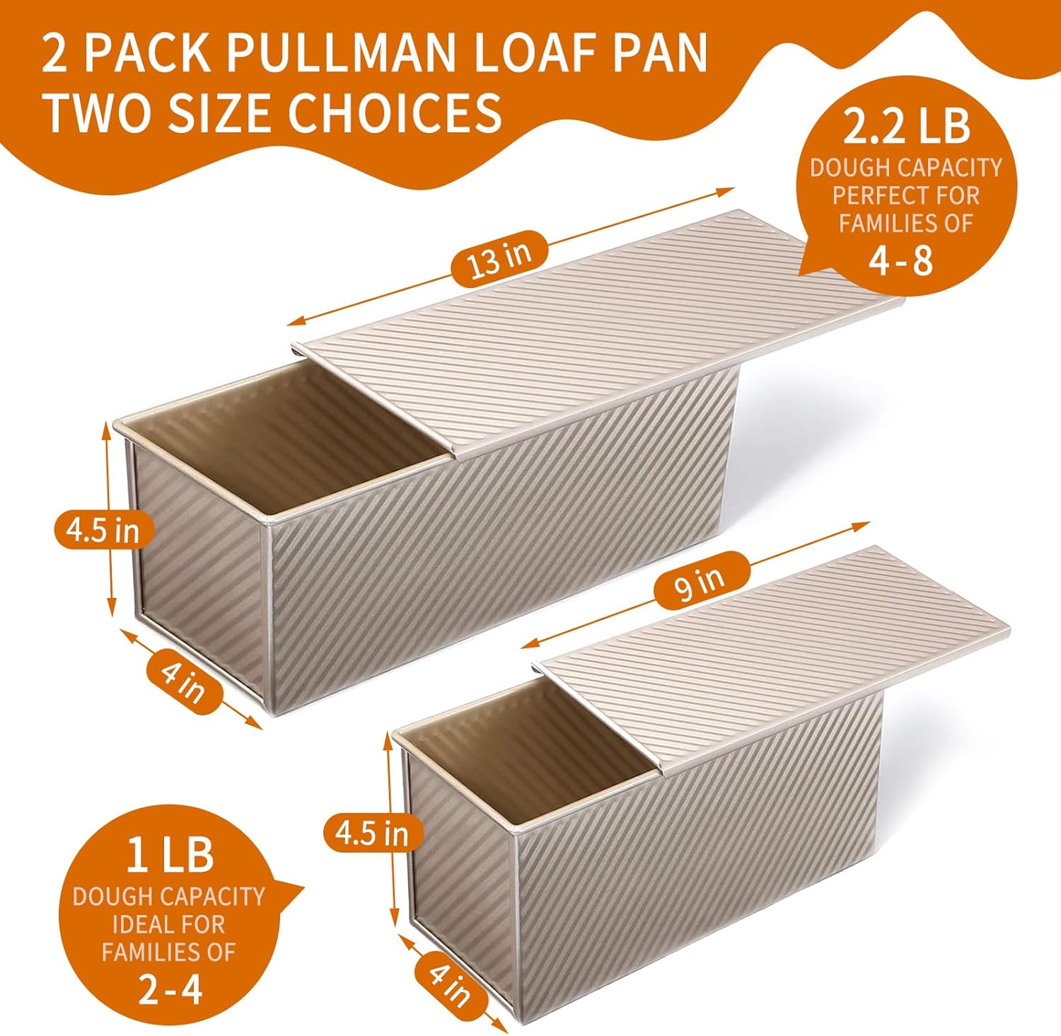 2 Pack Pullman Loaf Pan with Lid, 13x4 & 9x4 inch 2.2 lb & 1 lb Dough Capacity , Non-Stick Sandwich Bread Loaf Pan for Homemade Baking Bread, Gold