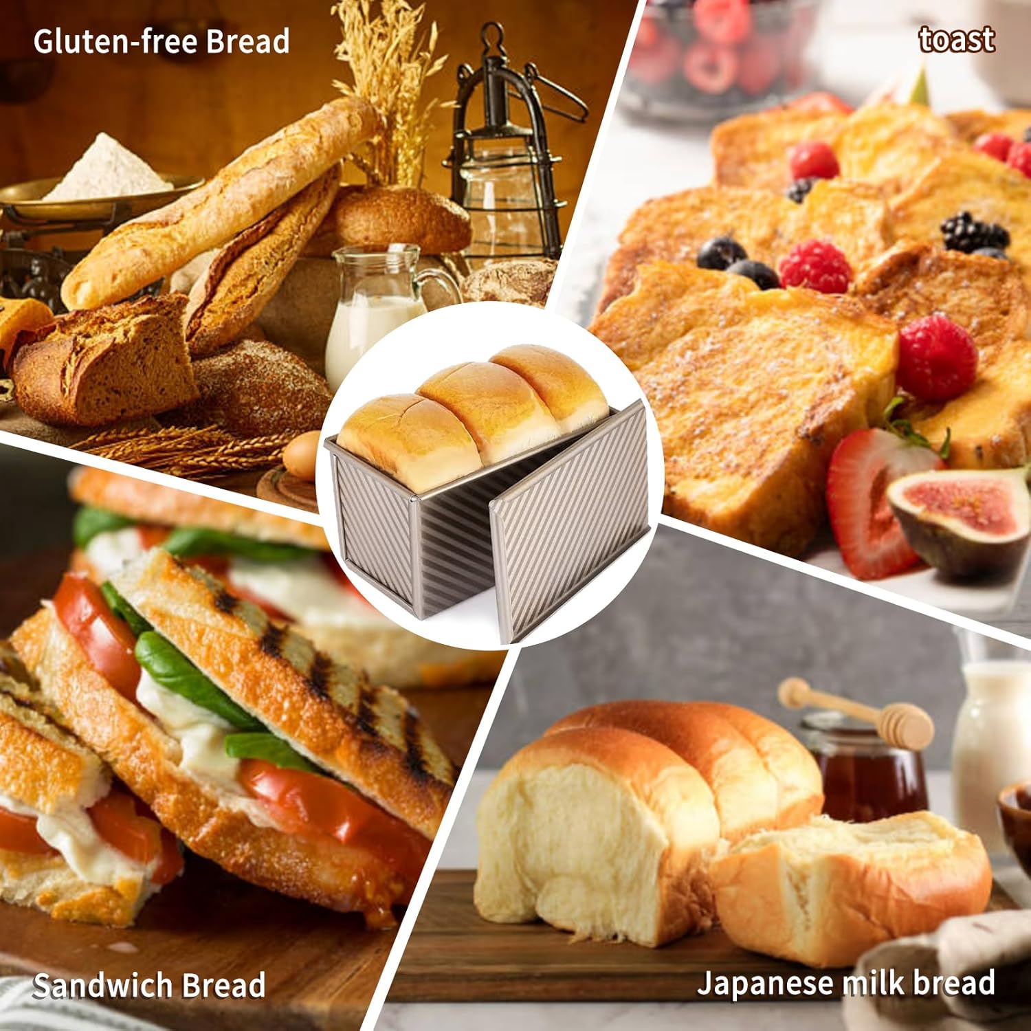 2 Pack Pullman Loaf Pan with Lid, 13x4 & 9x4 inch 2.2 lb & 1 lb Dough Capacity , Non-Stick Sandwich Bread Loaf Pan for Homemade Baking Bread, Gold