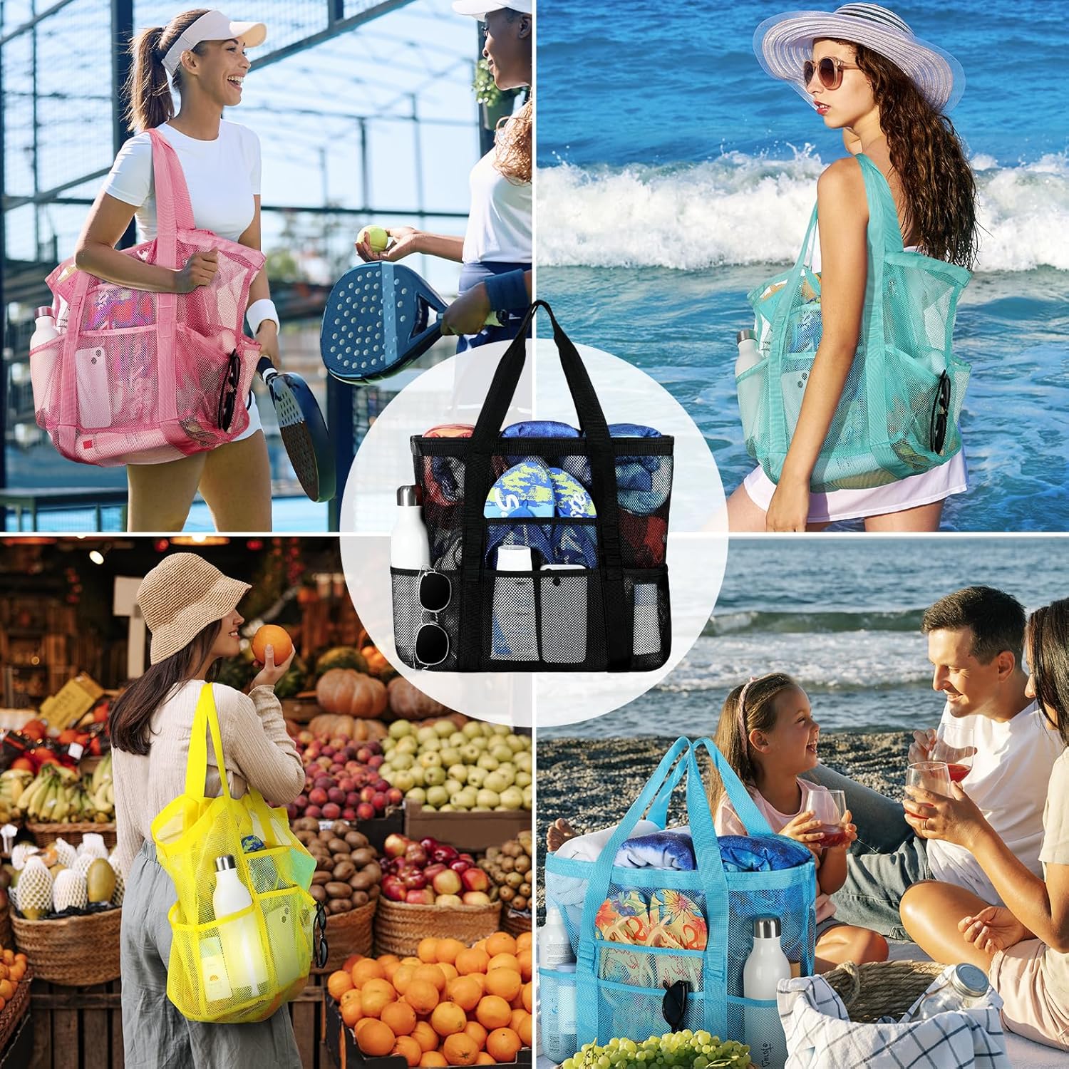 Mesh Beach Bag - Large Beach Tote with Multi Functional Pockets for Family Travel/Vacation