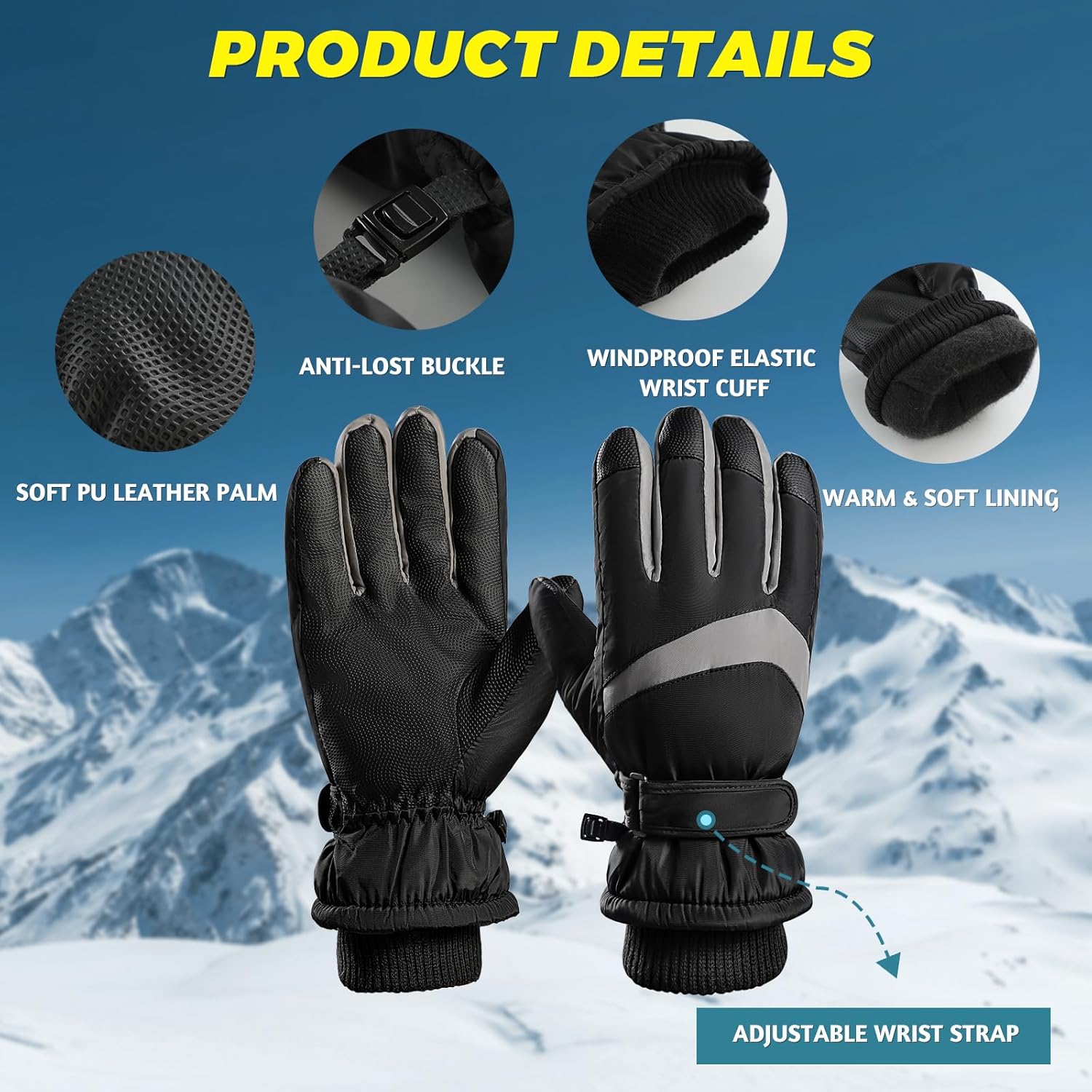 Winter Ski Gloves, Windproof Glove for Men & Women, Touchscreen Snow Gloves for Cold Weather, Thermal Warm Glove