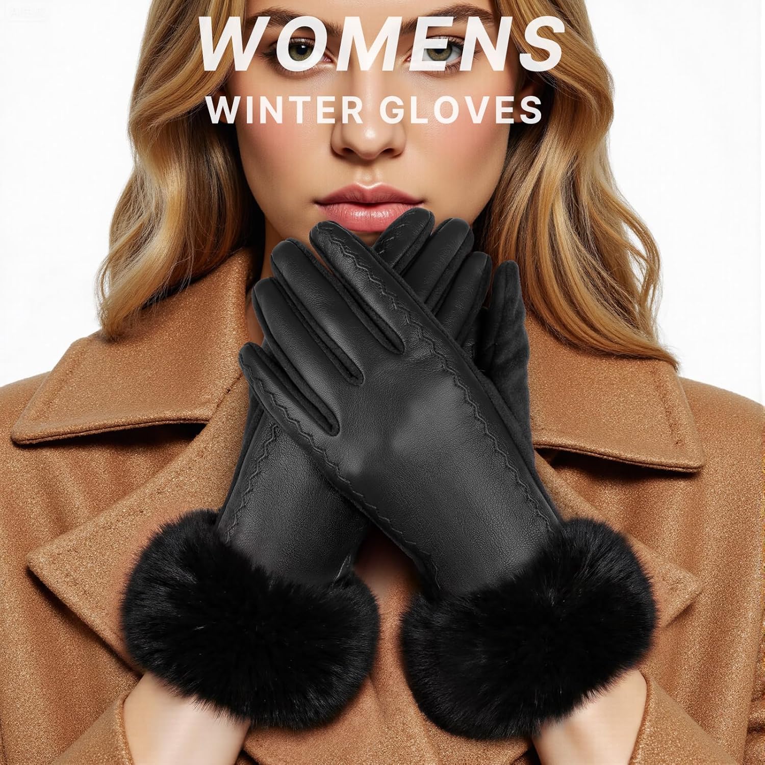 Leather Gloves for Women, Warm Winter Gloves Women with Plush Cuff, Touchscreen Womens Gloves for Cold Weather