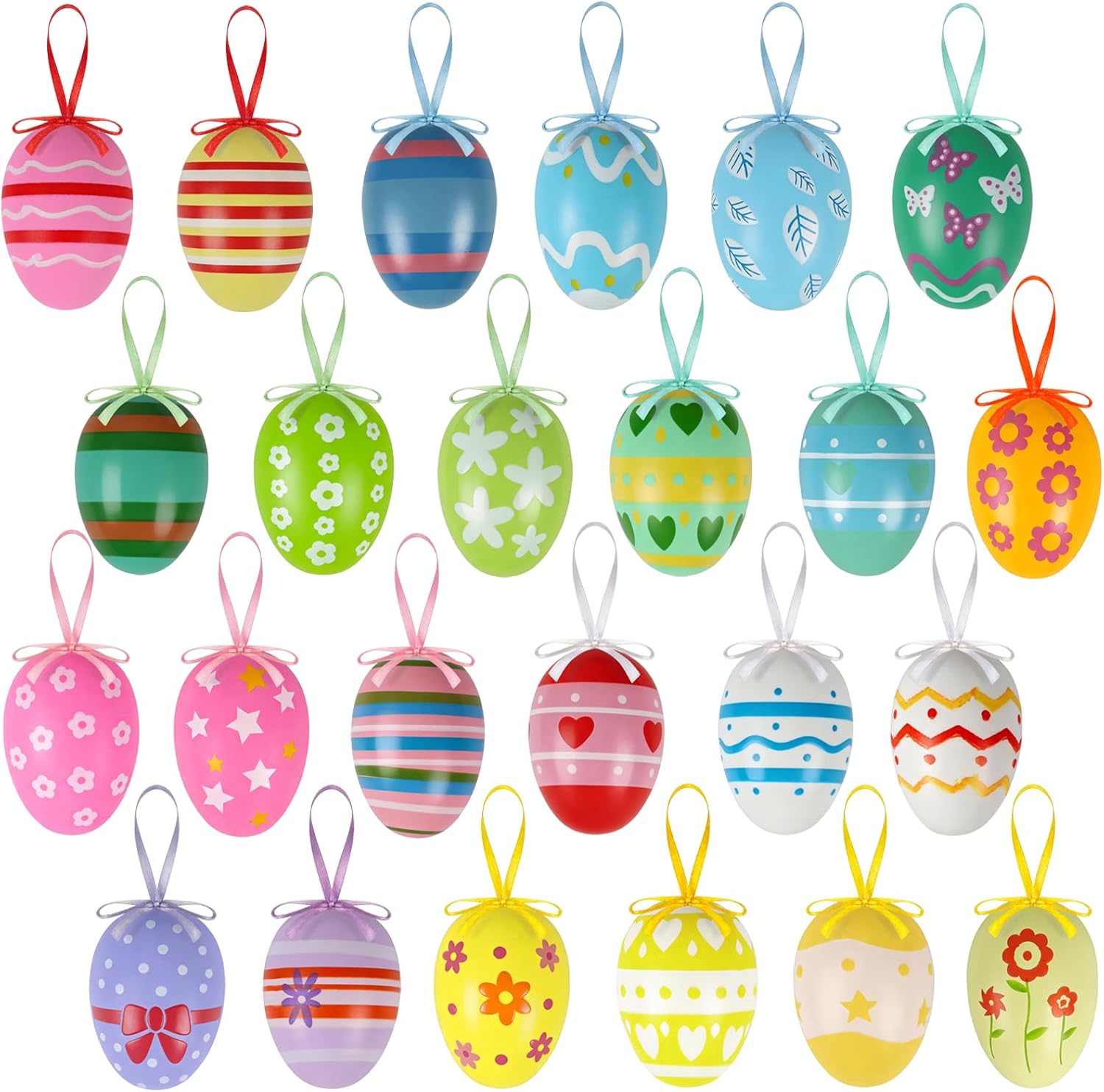 24PCS Hanging Easter Eggs – Reusable Plastic Easter Egg Decorations for Tree Ornaments, Basket, Party & Home Decor 5g Each, 4cm x 6cm
