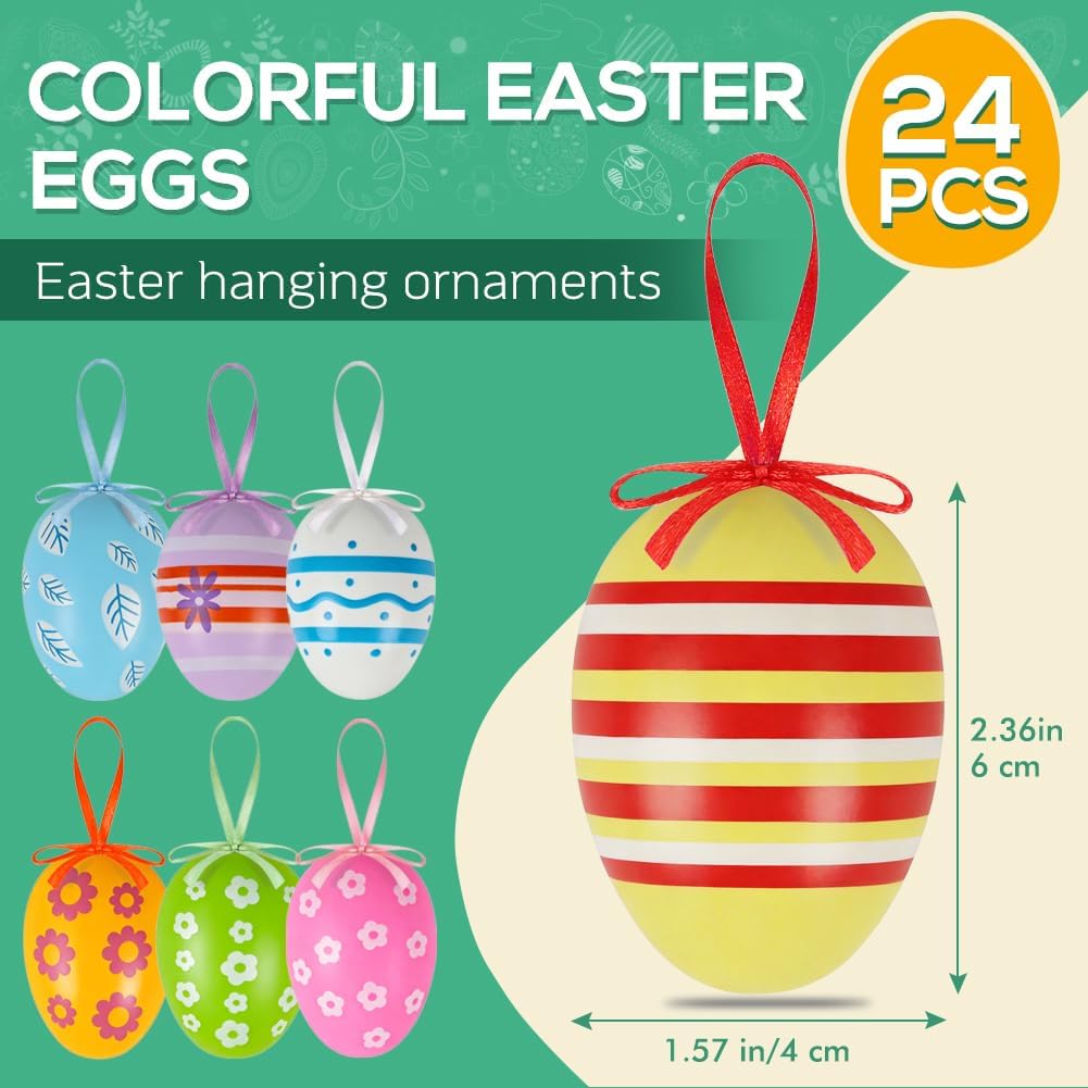 24PCS Hanging Easter Eggs – Reusable Plastic Easter Egg Decorations for Tree Ornaments, Basket, Party & Home Decor 5g Each, 4cm x 6cm
