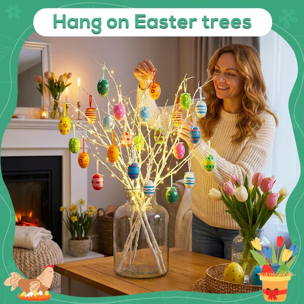 24PCS Hanging Easter Eggs – Reusable Plastic Easter Egg Decorations for Tree Ornaments, Basket, Party & Home Decor 5g Each, 4cm x 6cm
