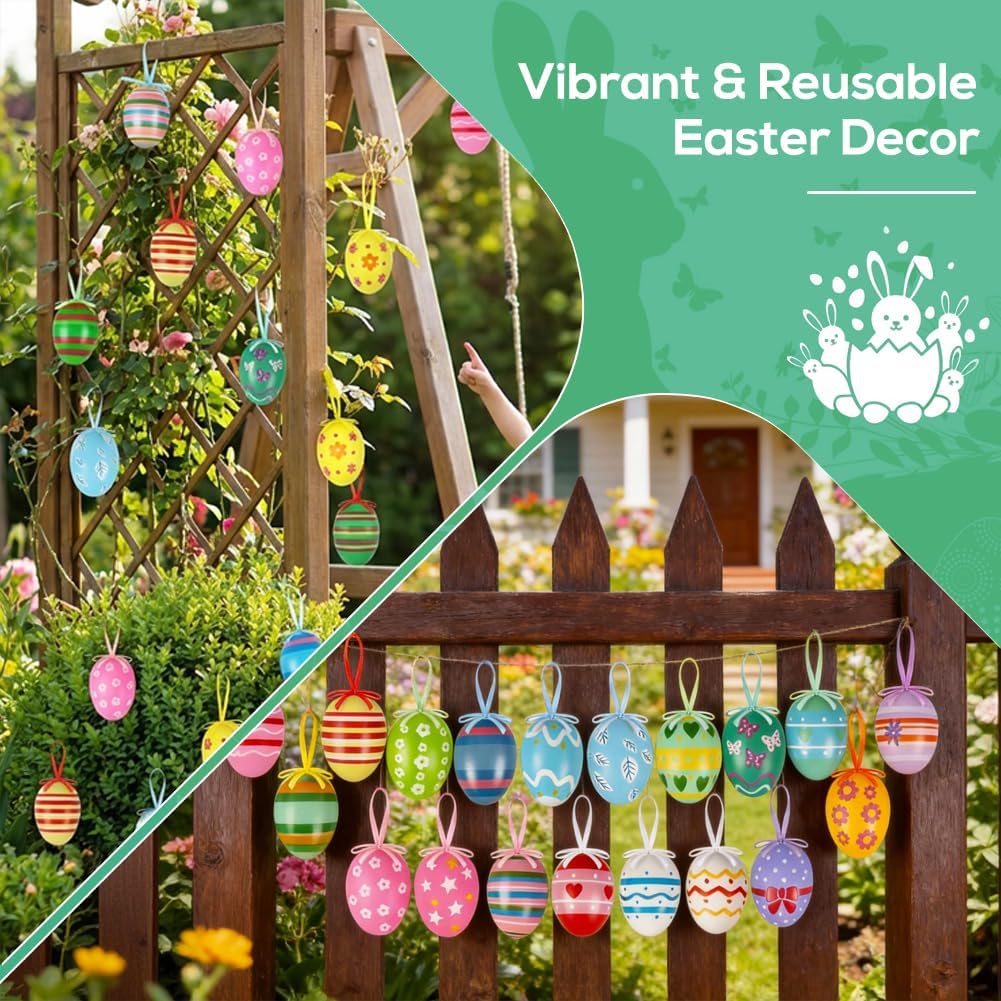 24PCS Hanging Easter Eggs – Reusable Plastic Easter Egg Decorations for Tree Ornaments, Basket, Party & Home Decor 5g Each, 4cm x 6cm