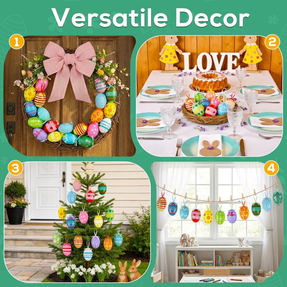 24PCS Hanging Easter Eggs – Reusable Plastic Easter Egg Decorations for Tree Ornaments, Basket, Party & Home Decor 5g Each, 4cm x 6cm