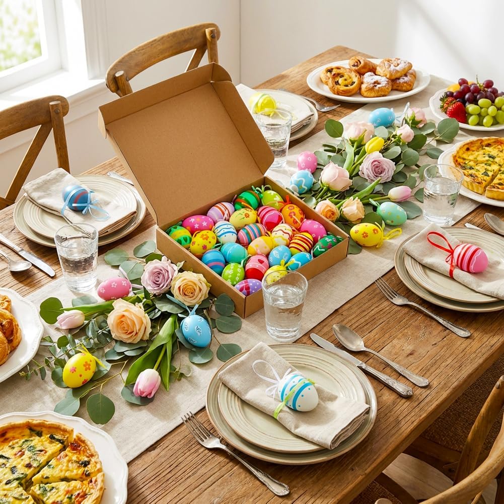 24PCS Hanging Easter Eggs – Reusable Plastic Easter Egg Decorations for Tree Ornaments, Basket, Party & Home Decor 5g Each, 4cm x 6cm