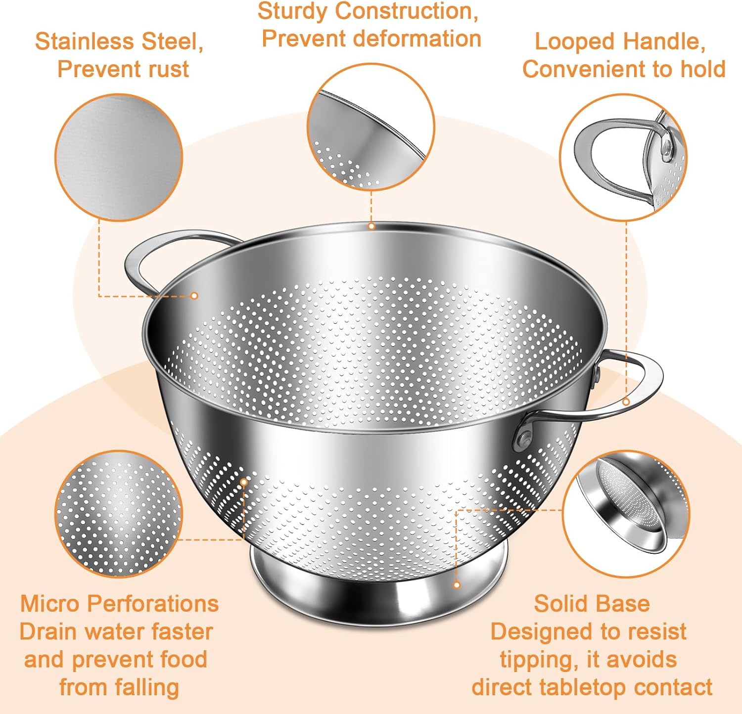Stainless Steel Colander for Kitchen | 5 Quart Durable Rice and Pasta Strainer with Handle | Oversized Handles | Nesting Design | Rust-Resistant & Dishwasher Safe