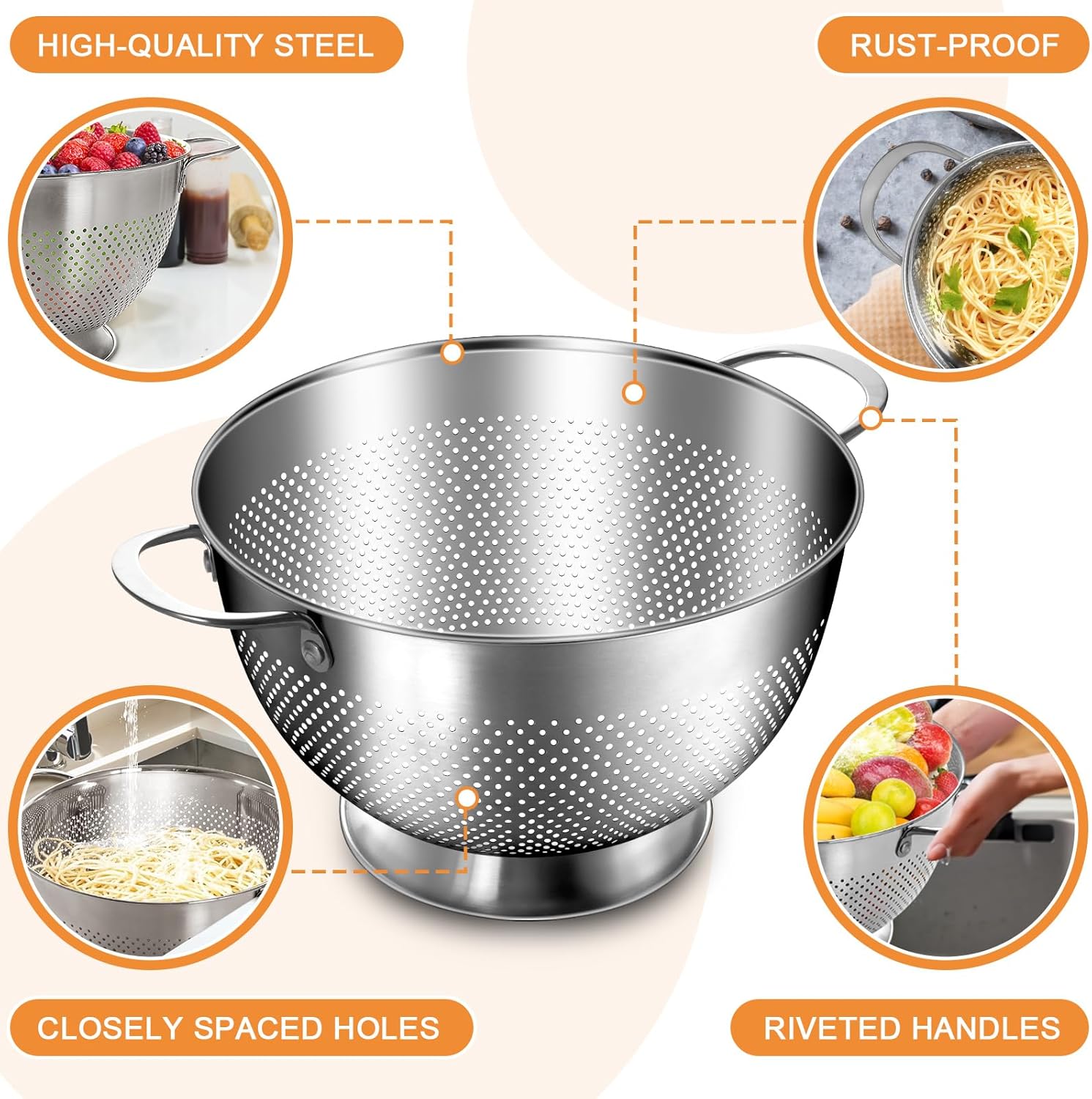 Stainless Steel Colander for Kitchen | 5 Quart Durable Rice and Pasta Strainer with Handle | Oversized Handles | Nesting Design | Rust-Resistant & Dishwasher Safe