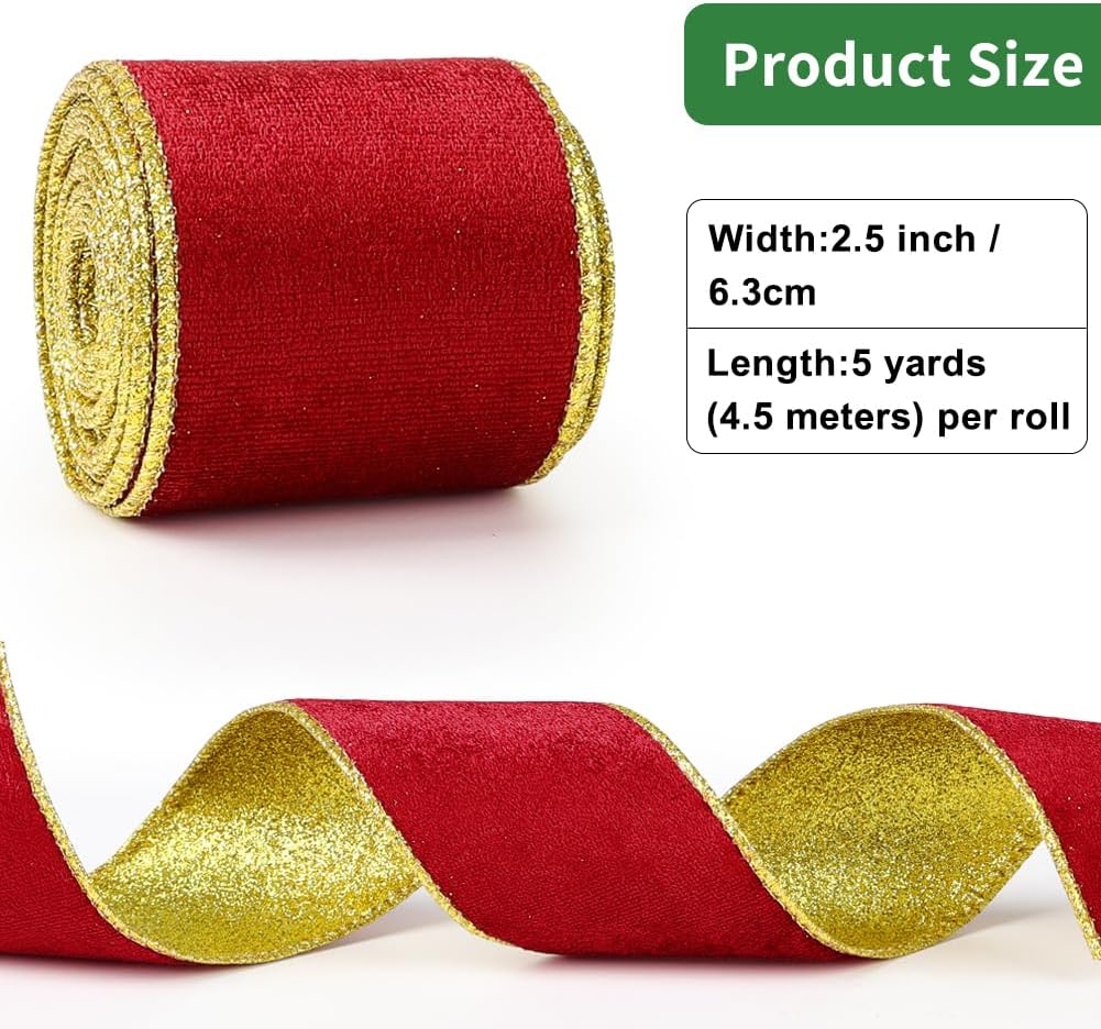 Red Velvet Wired Ribbon, Christmas Ribbon with Gold Metallic Glitter for Gift Wrapping Christmas Tree Decoration Topper Bows Making Wedding Decor Crafts Wreaths Supplies 2.5 Inch x 10 Yards