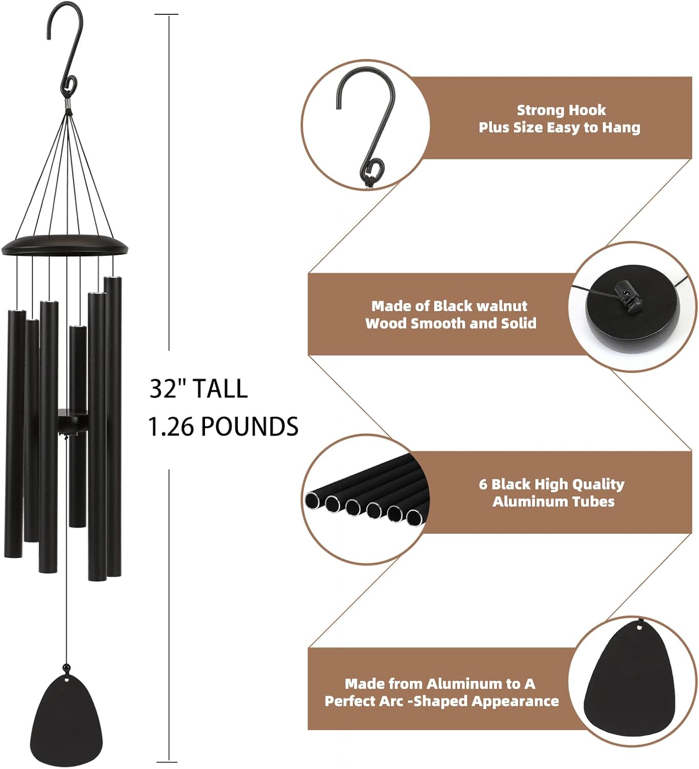Wind-Chimes-Outdoor-Large-Decor, Deep Tone Soothing Melodic Tones Windchimes, Wind Chimes for Outside, Memorial Wind Chime Best Gift for Mom Women Grandma Neighbors 32" Black