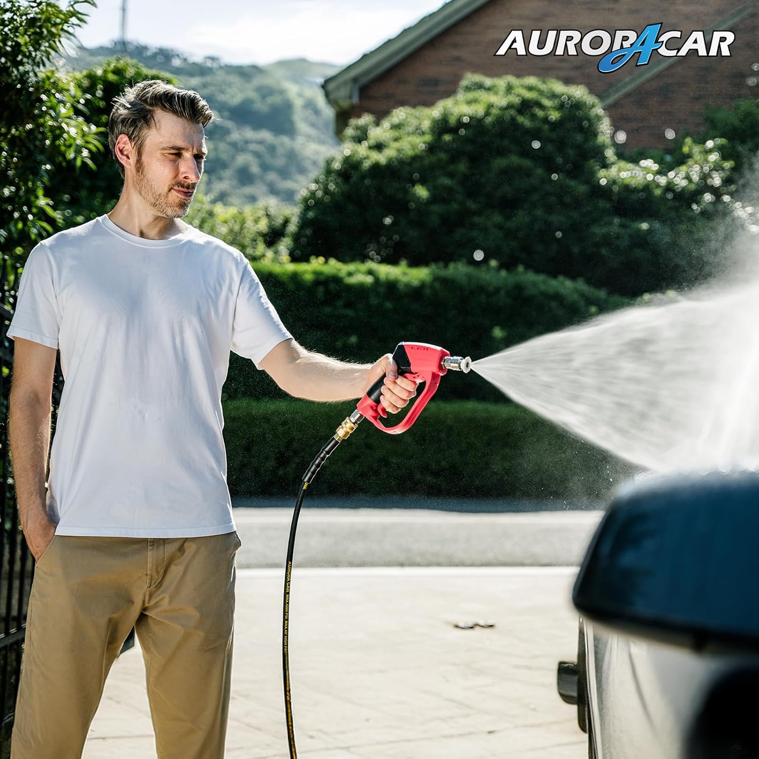 Short Pressure Washer Gun 5000PSI，High Pressure Washer Gun with 5 Spray Nozzle Tips, 3/8" Quick Connect Plug and M22-14/15mm Fittings, Power Washer Gun Compatible with Foam Cannon，12 GPM