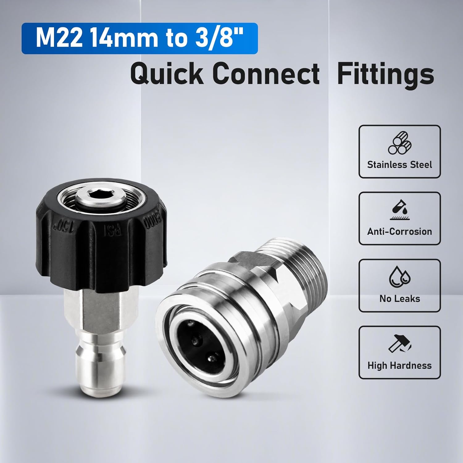 Pressure Washer Adapter Set, Stainless Steel Pressure Washer Quick Connect Kit, M22 14mm to 3/8" Quick Connect Swivel Fittings, 4 Pack