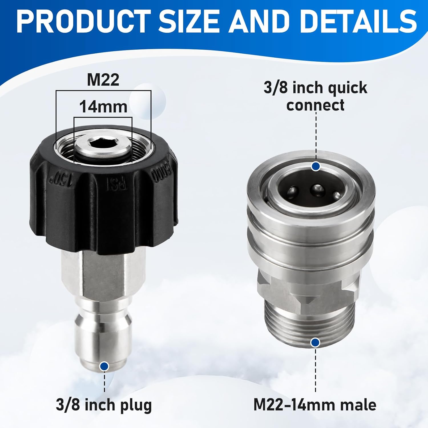 Pressure Washer Adapter Set, Stainless Steel Pressure Washer Quick Connect Kit, M22 14mm to 3/8" Quick Connect Swivel Fittings, 4 Pack