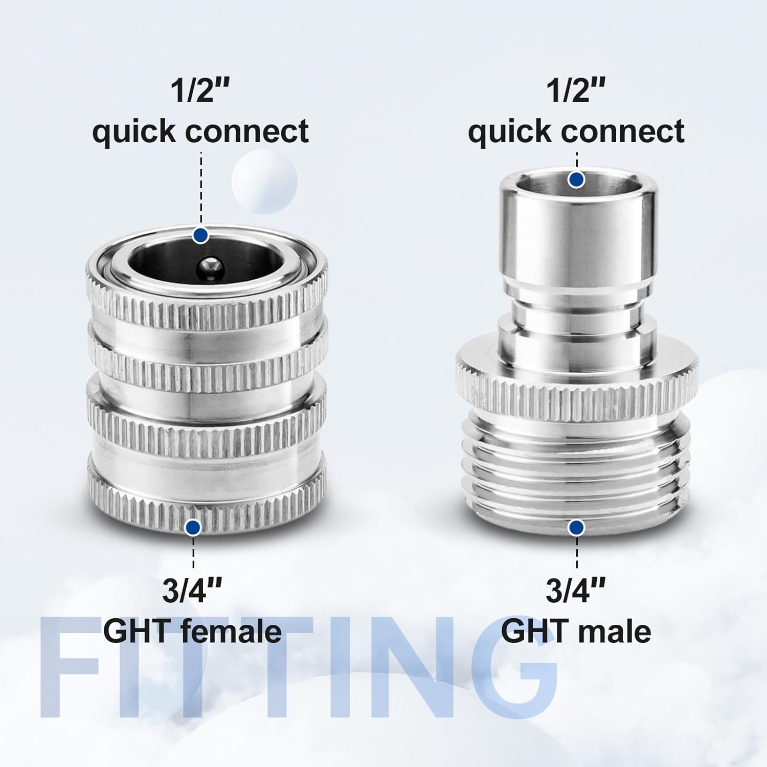 Quick Connect Hose Fittings, 3/4 Inch GHT Garden Hose Quick Connect Set, Stainless Steel Water Hose Fitting, 2 Pack