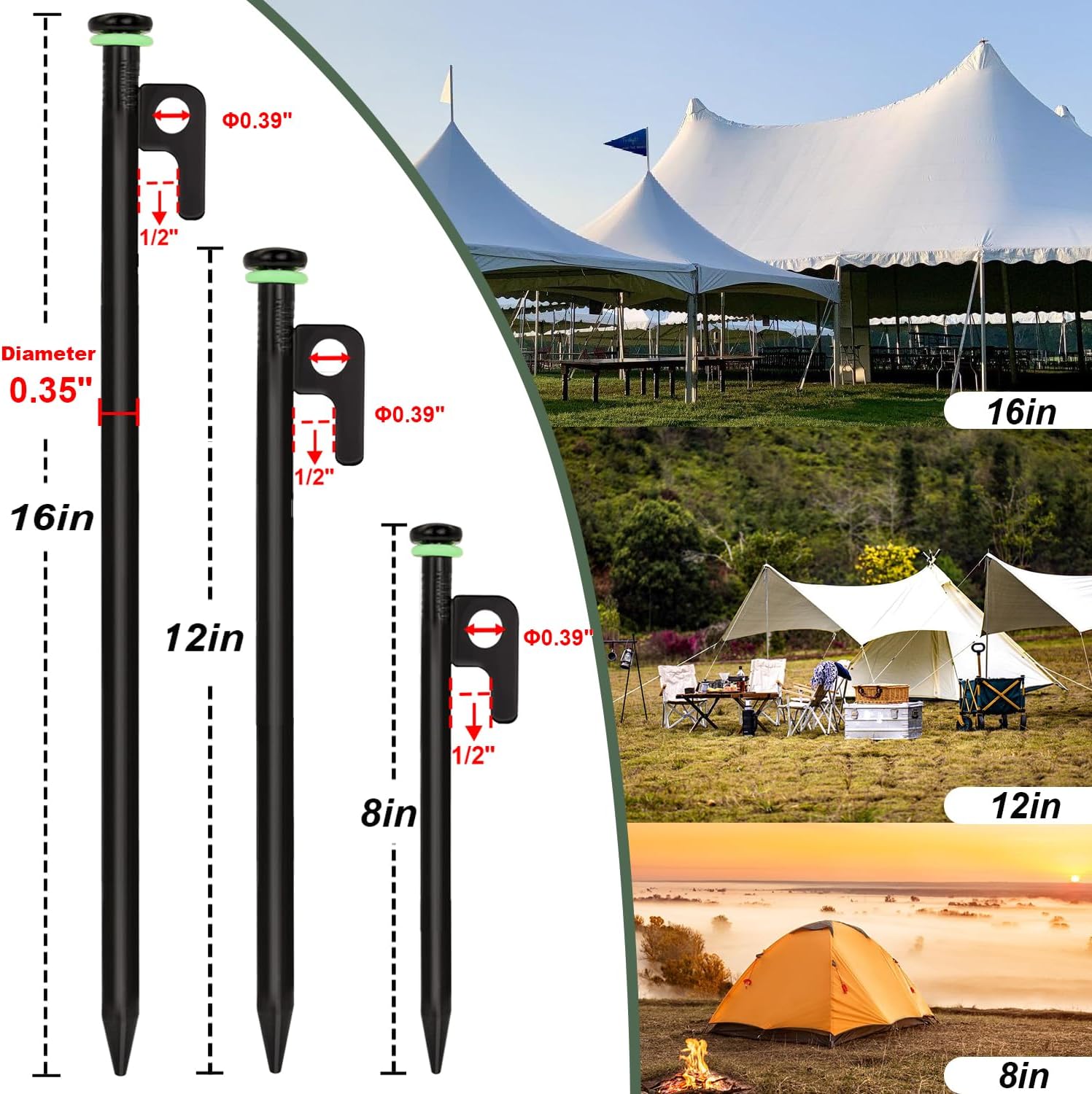 20Pcs Tent Stakes, 16in Heavy Duty Tent Stakes, Dia 0.35" Forged Steel Stakes Heavy Duty for Tent Used on Rocks, Grassland, Snowfield 20Pcs 16in Stakes