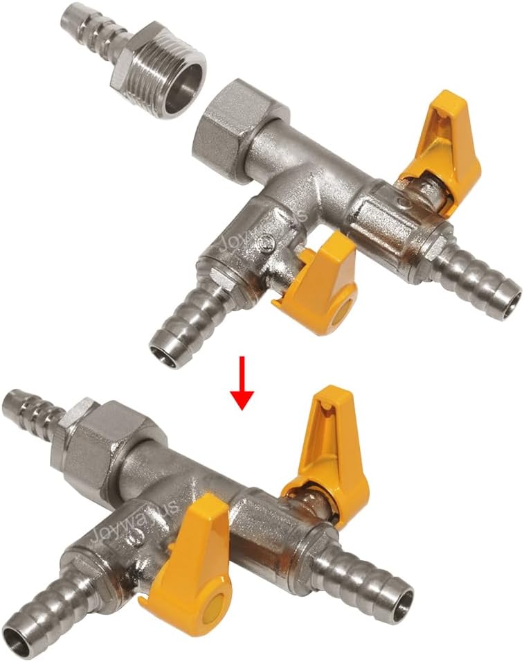 3 Way Copper Shut Off Gas Ball Valve Kit 3/8" Hose Barb T Shaped Type Union Intersection with 2 Switch Include 1 Copper Barbed Fittings 1 Rubber Gasket and 3 Clamps