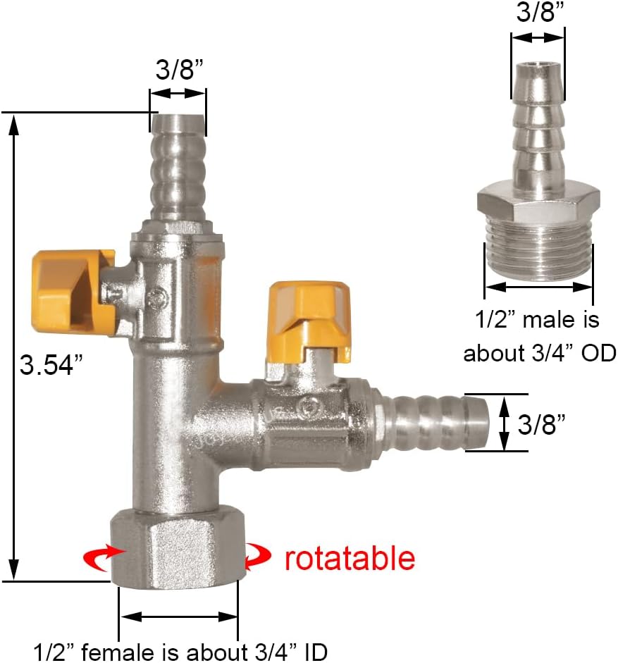 3 Way Copper Shut Off Gas Ball Valve Kit 3/8" Hose Barb T Shaped Type Union Intersection with 2 Switch Include 1 Copper Barbed Fittings 1 Rubber Gasket and 3 Clamps