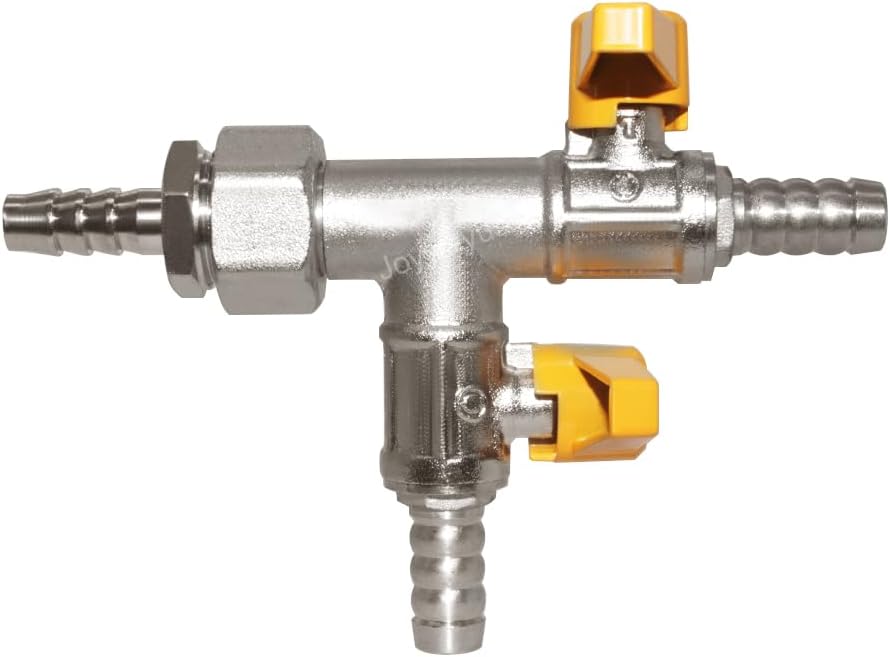 3 Way Copper Shut Off Gas Ball Valve Kit 3/8" Hose Barb T Shaped Type Union Intersection with 2 Switch Include 1 Copper Barbed Fittings 1 Rubber Gasket and 3 Clamps