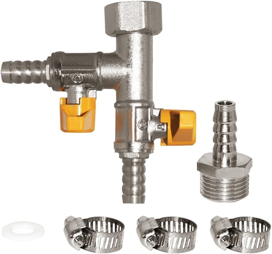 3 Way Copper Shut Off Gas Ball Valve Kit 3/8" Hose Barb T Shaped Type Union Intersection with 2 Switch Include 1 Copper Barbed Fittings 1 Rubber Gasket and 3 Clamps