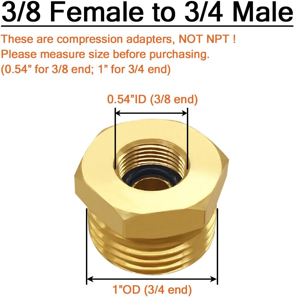 4PCS 3/4 GHT Male to 3/8 Compression Female Bushing Pipe Fitting, Brass Reducer Faucet Connector Water Hose Adapter, Garden Hose to Supply Line Adapter for RV Kitchen Bathroom Plumbing