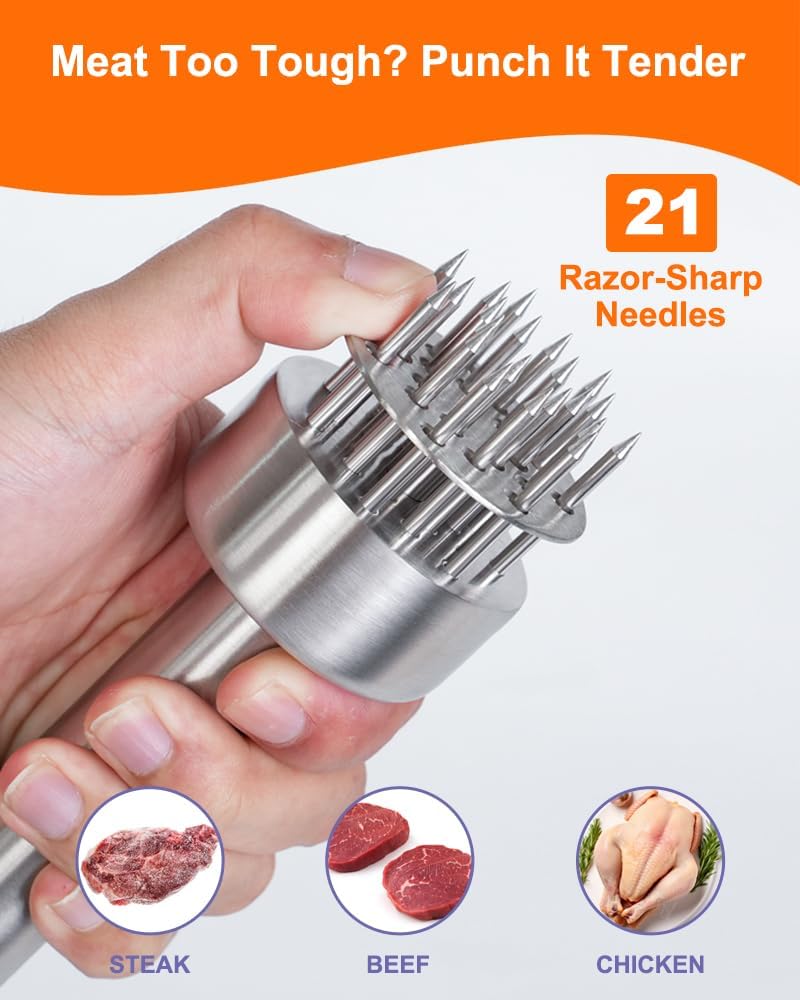 Meat Tenderizer Tool, 304 Stainless Steel, with 21 Needles & Retractable Safety Guard, for Tenderizing Beef, Turkey, Chicken, Steak, Dishwasher Safe