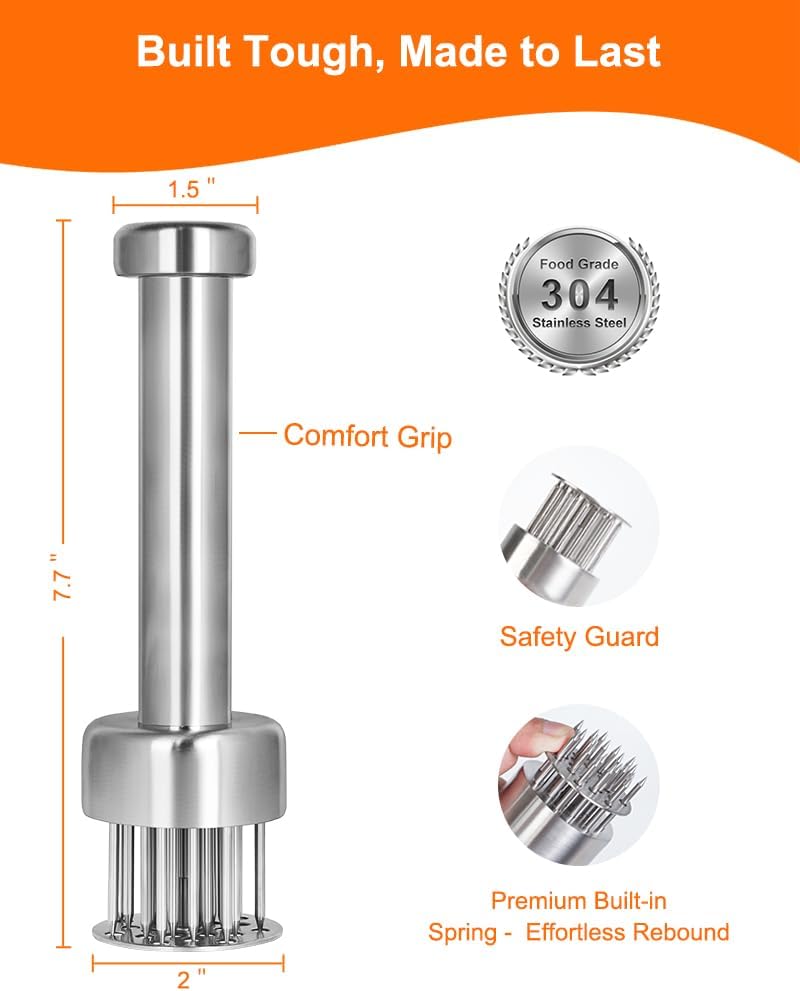 Meat Tenderizer Tool, 304 Stainless Steel, with 21 Needles & Retractable Safety Guard, for Tenderizing Beef, Turkey, Chicken, Steak, Dishwasher Safe