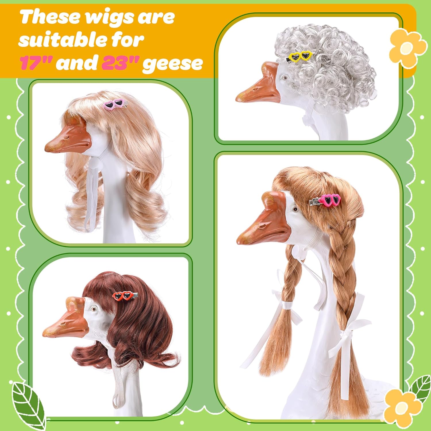 4 Pcs Porch Goose Wigs with Hair Clips, Cute Lawn Goose Statue Braid Wig, Porch Goose Outfits Costume for Outdoor Garden Patio Yard Goosey Decoration